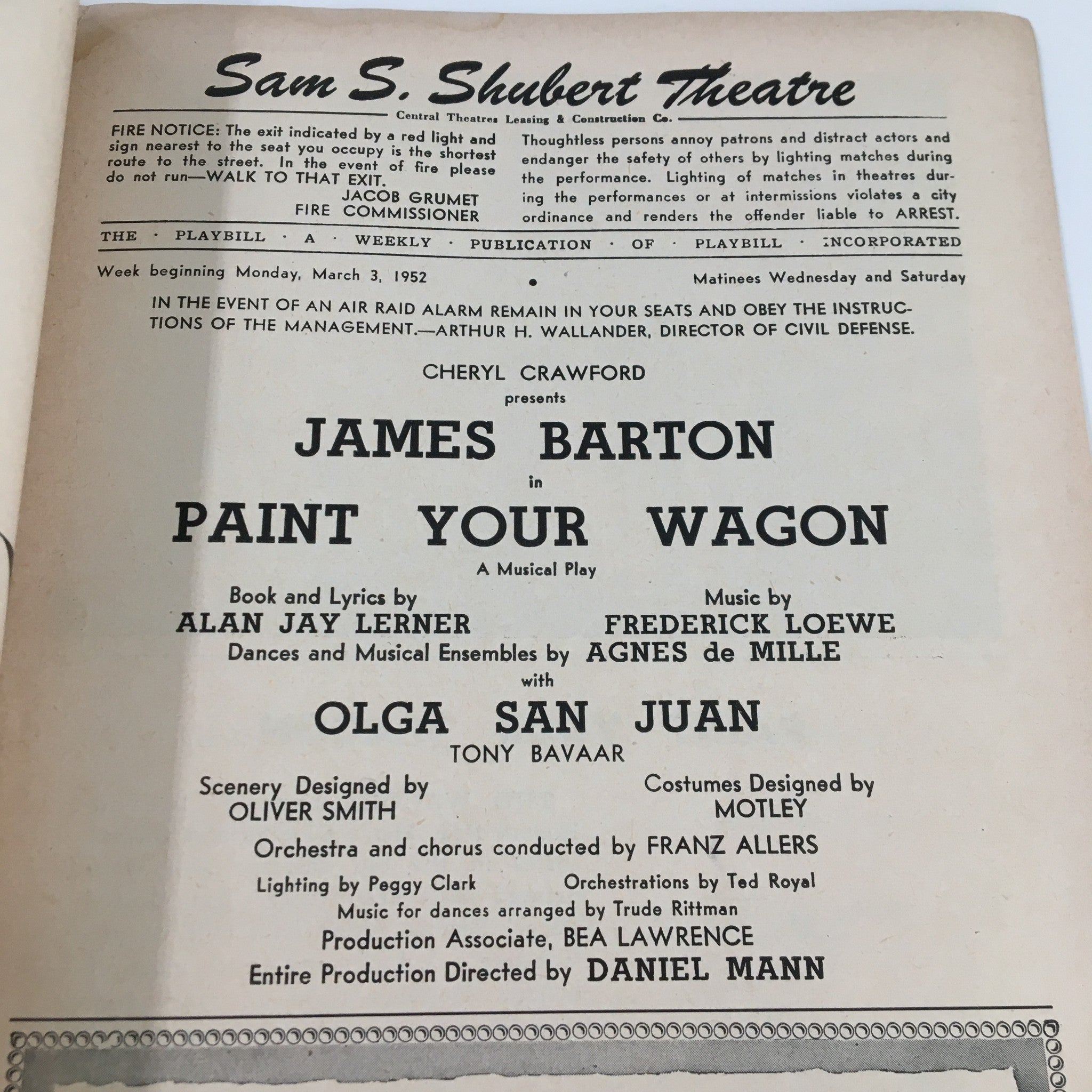 1952 Playbill Sam S. Shubert Theatre James Barton in Paint Your Wagon