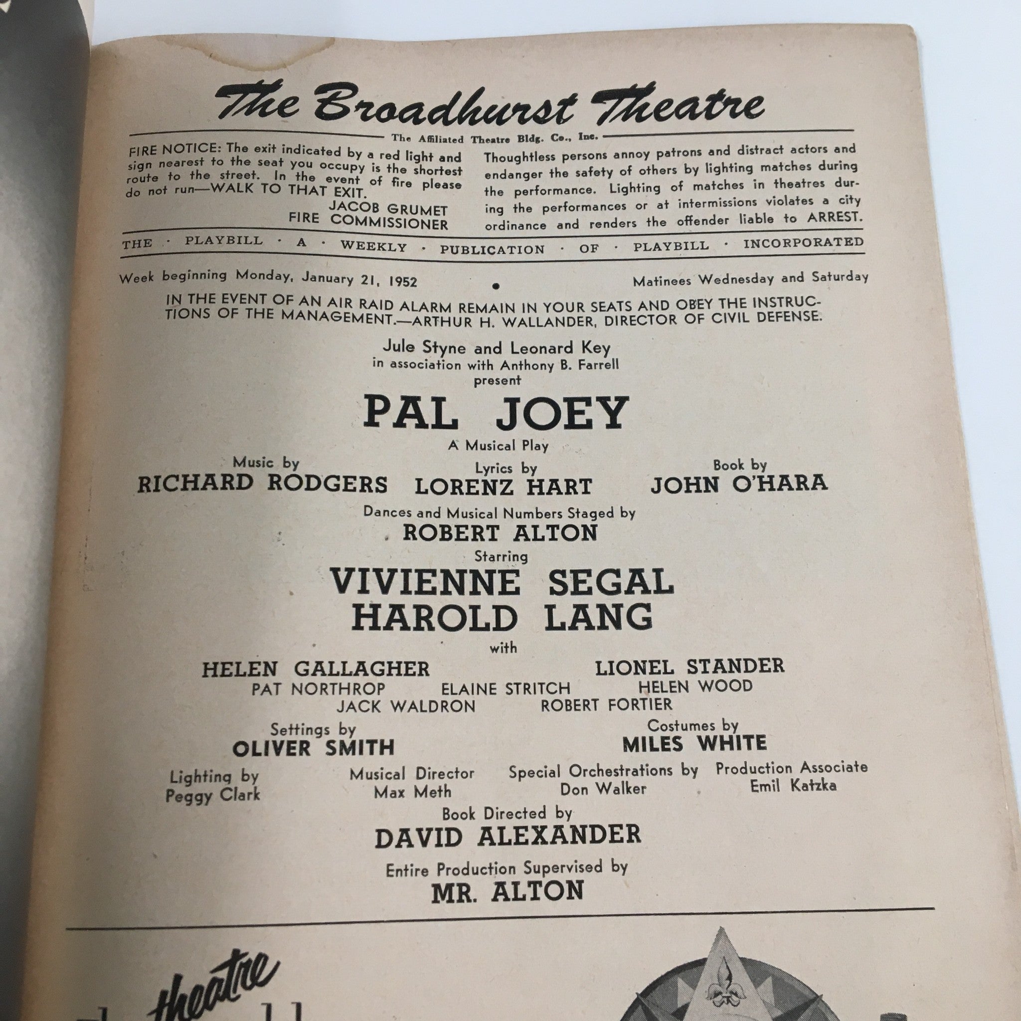 1952 Playbill The Broadhurst Theatre Vivienne Segal, Harold Lang in Pal Joey