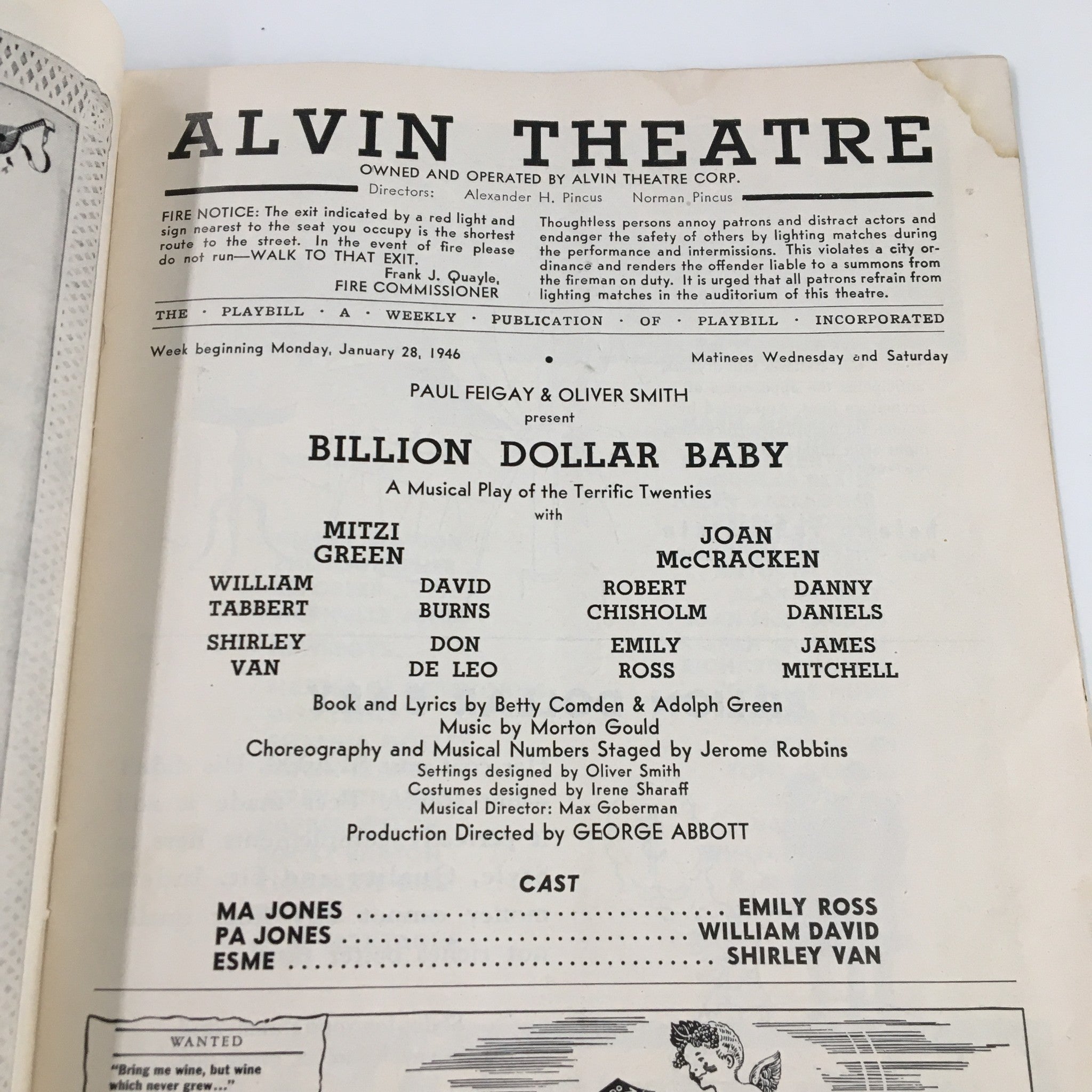 1946 Playbill Alvin Theatre Mitzi Green, Joan McCracken in Billion Dollar Baby