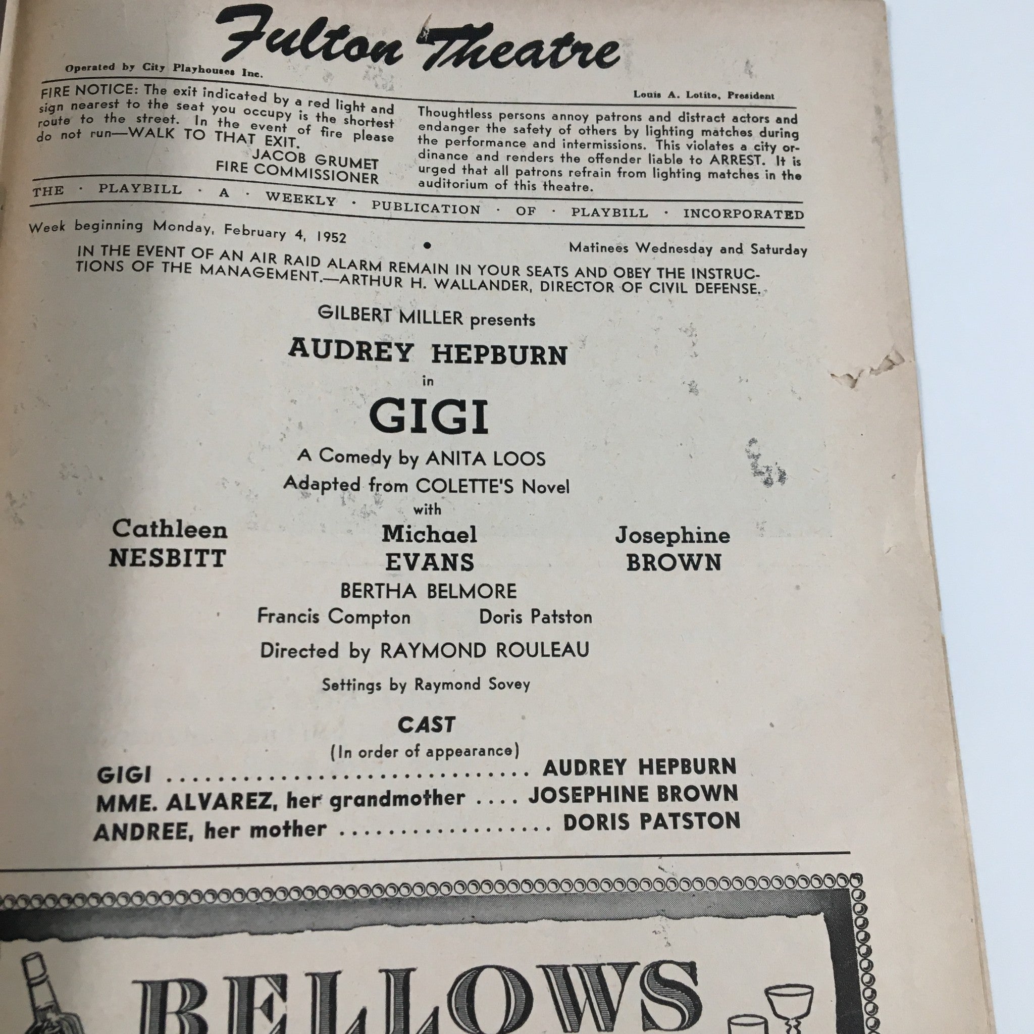 1952 Playbill Fulton Theatre Audrey Hepburn in Gigi A Comedy by Anita Loos