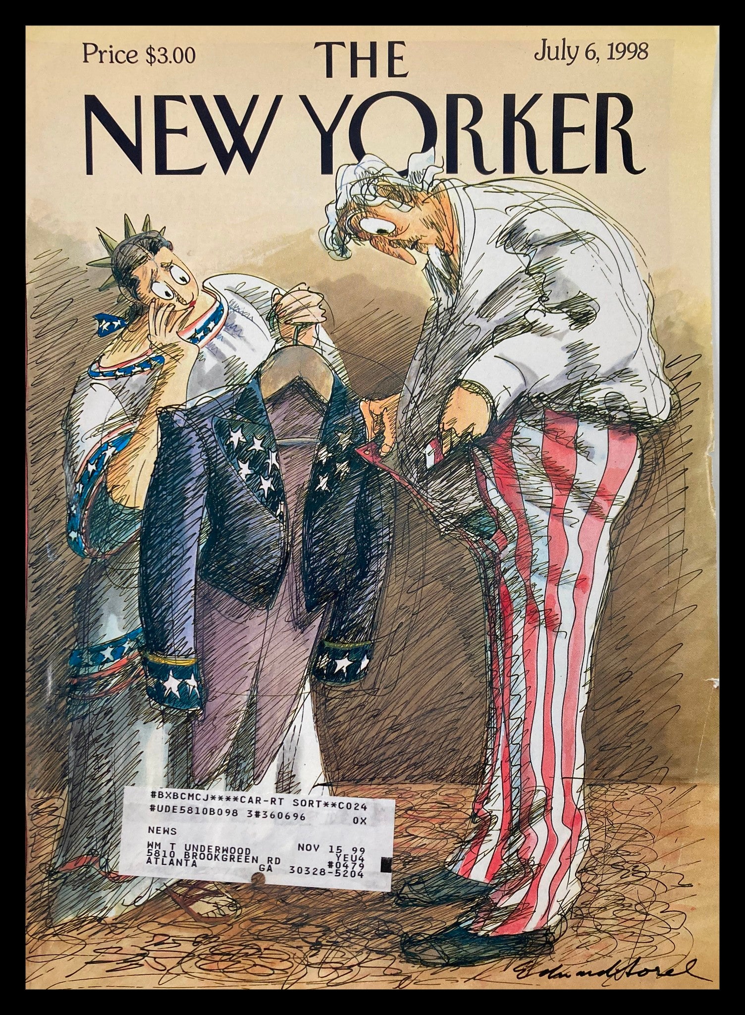 Cover of The New Yorker dated July 6, 1998, featuring artwork "Unexpected Surplus" by Edward Sorel, depicting a humorous scene with Lady Liberty and Uncle Sam.
