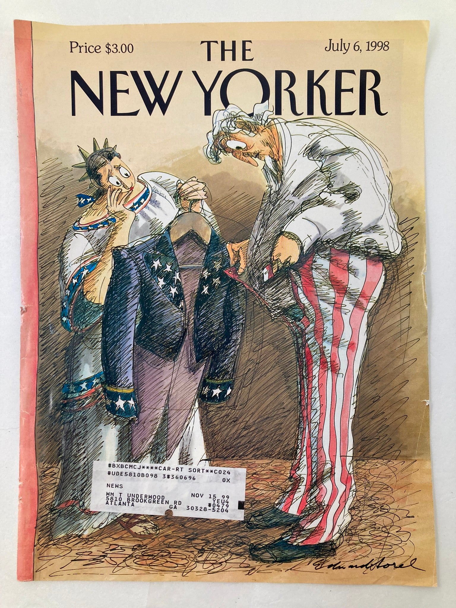 The New Yorker cover from July 6, 1998, illustrating "Unexpected Surplus" by Edward Sorel, showcasing Lady Liberty and Uncle Sam in a playful, satirical interaction.
