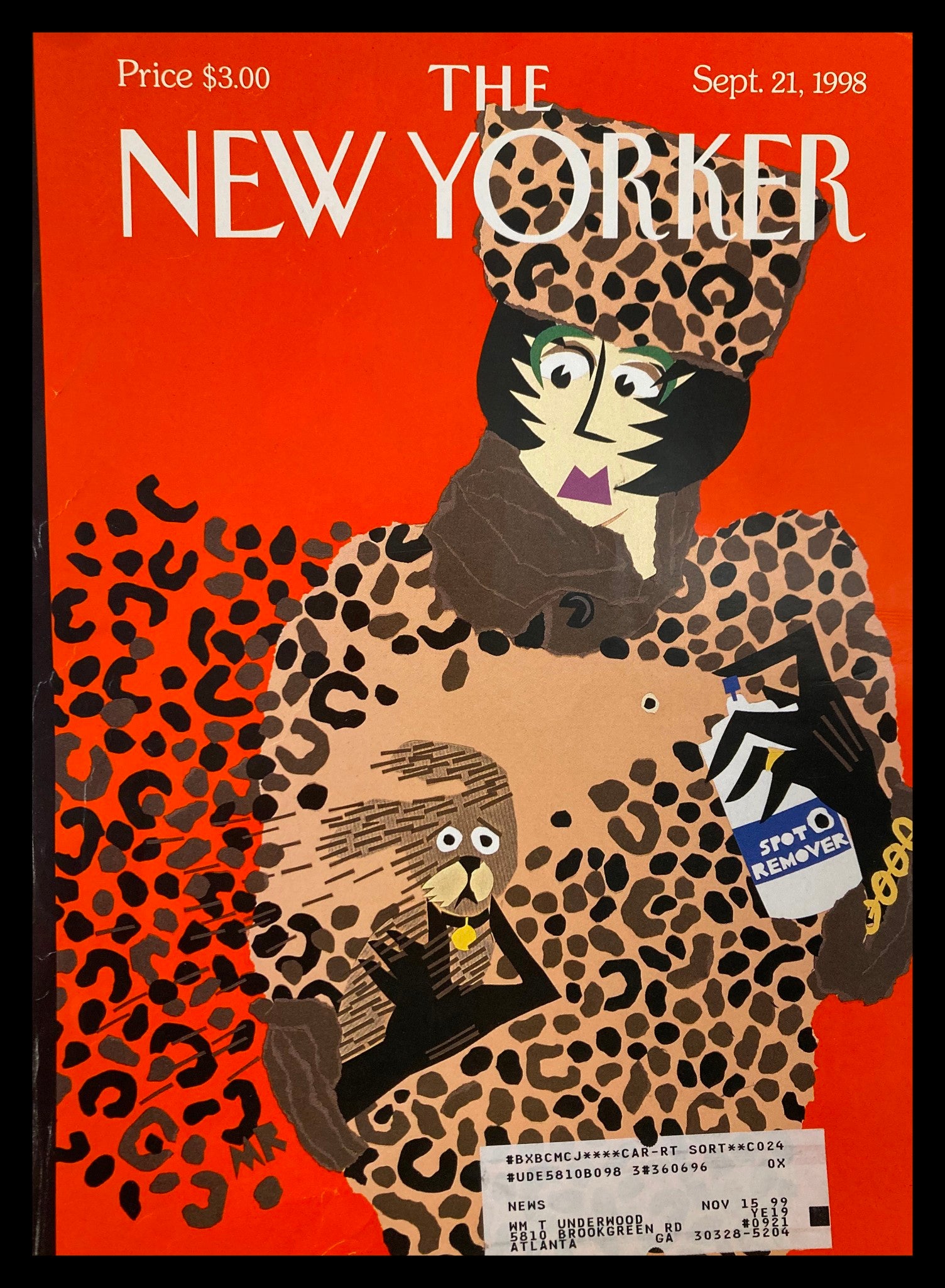 Cover of The New Yorker dated September 21, 1998, featuring the artwork 'Spot Check' by Michael Roberts, showcasing a vibrant illustration of a figure in leopard print attire alongside a dog, set against a bold orange background.