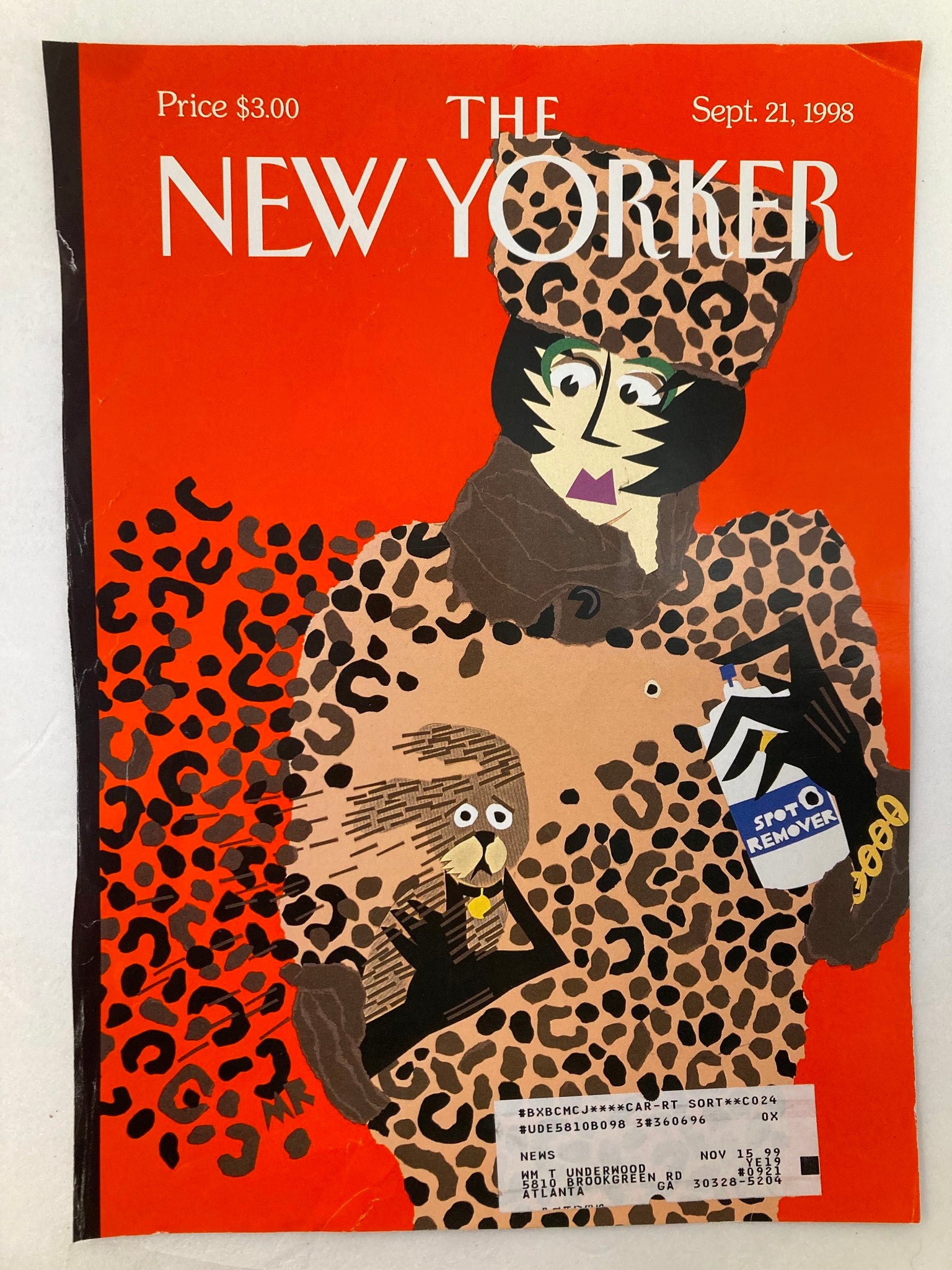 COVER ONLY The New Yorker September 21 1998 Spot Check by Michael Roberts, featuring a vibrant illustration of a stylized character in a leopard print outfit against an orange background, showcasing unique artistic flair.