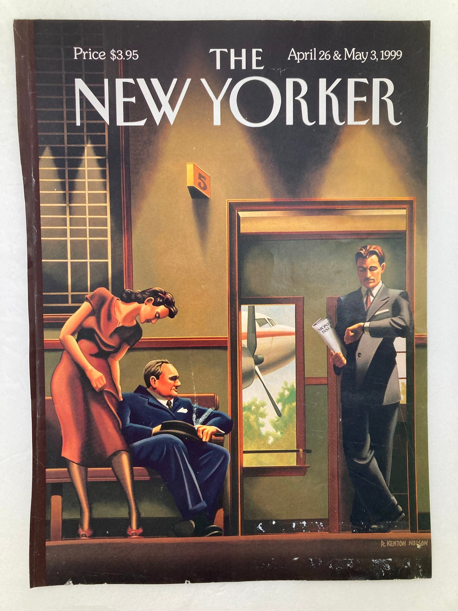 Cover of The New Yorker, April 26, 1999, titled 'Time is Money' by R. Kenton Nelson, featuring a businessman reading a document, a seated man in a suit, and a woman in a red dress, reflecting themes of finance and time.