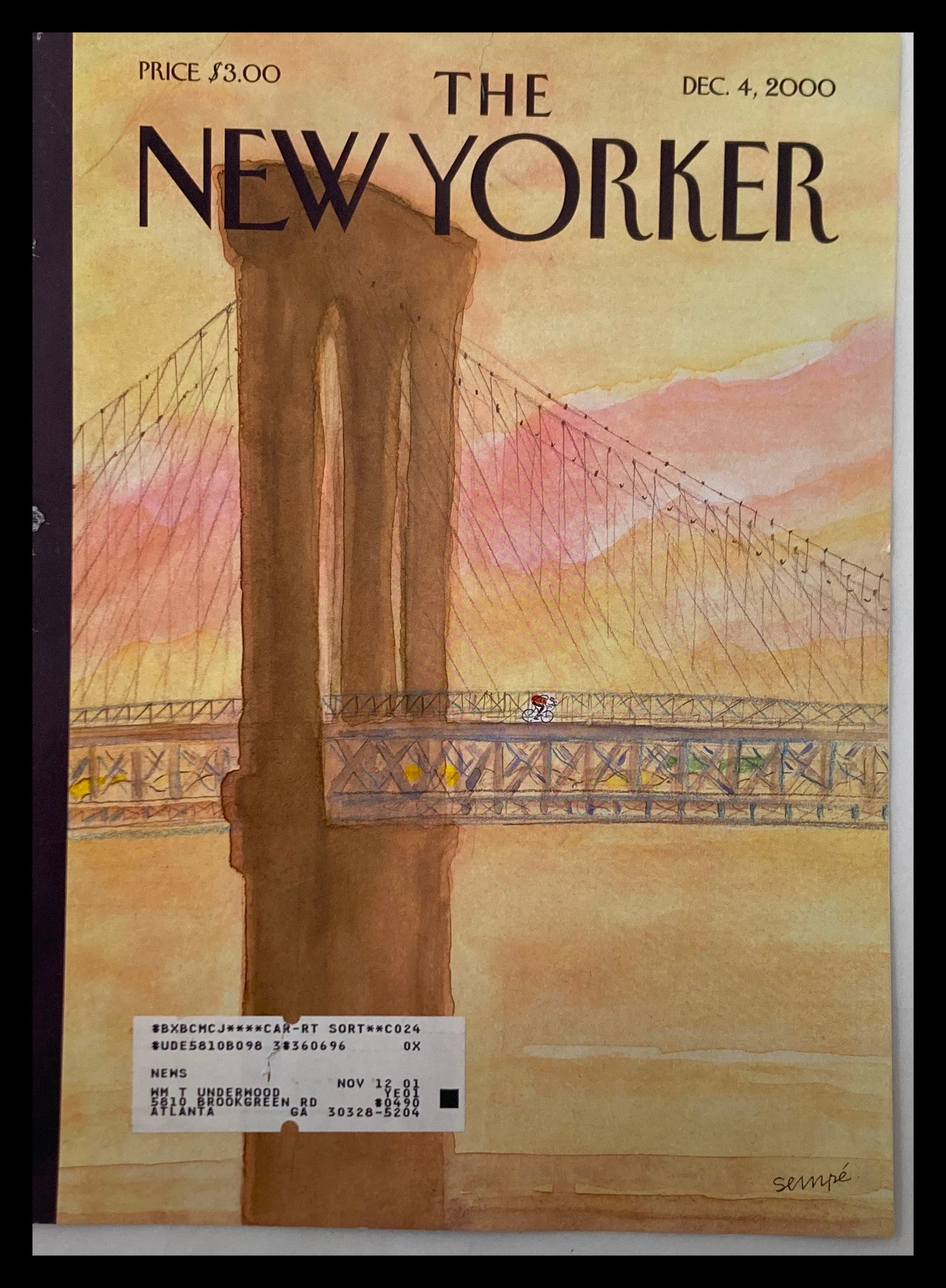 COVER ONLY The New Yorker December 4 2000 Cycling Over Bridge by J.J. Sempe