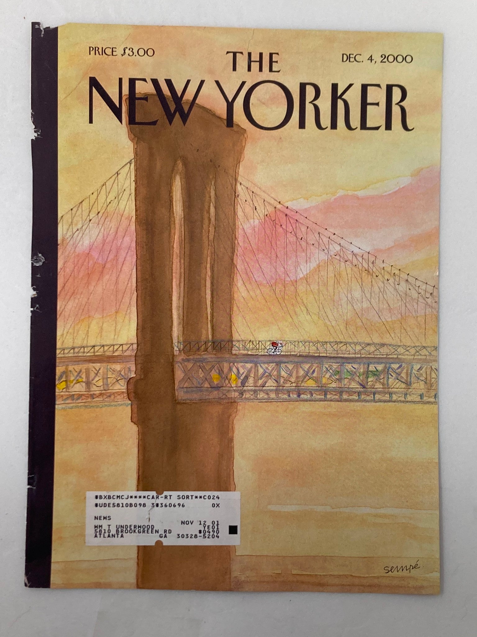 COVER ONLY The New Yorker December 4 2000 Cycling Over Bridge by J.J. Sempe