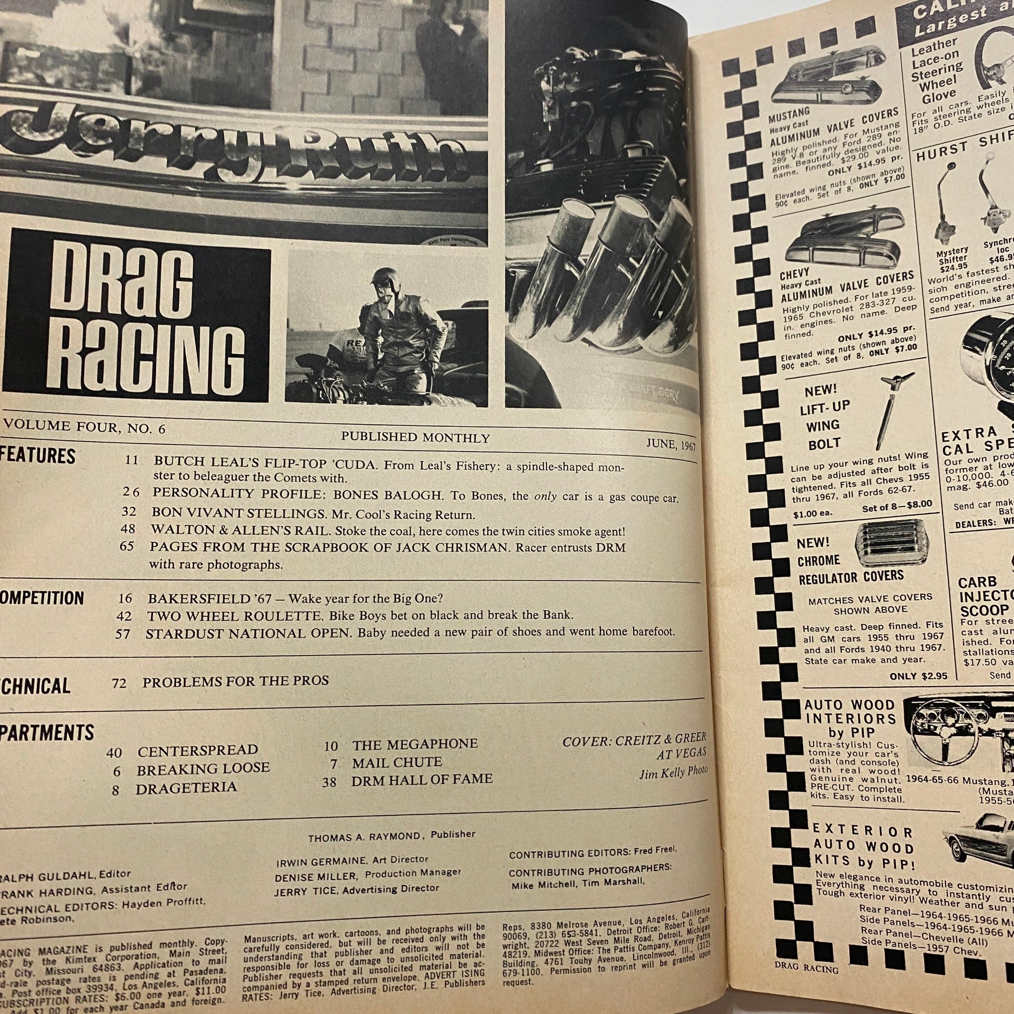 Inside page of the June 1967 Drag Racing Magazine showcasing features including Butch Leal's Flip-Top 'Cuda and various drag racing events.
