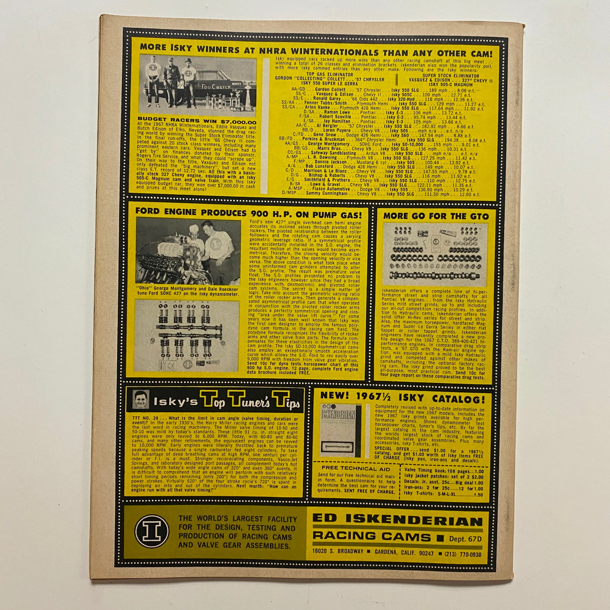 Back page of the June 1967 Drag Racing Magazine with advertisements and features on racing engines and tuning tips, emphasizing the drag racing culture.