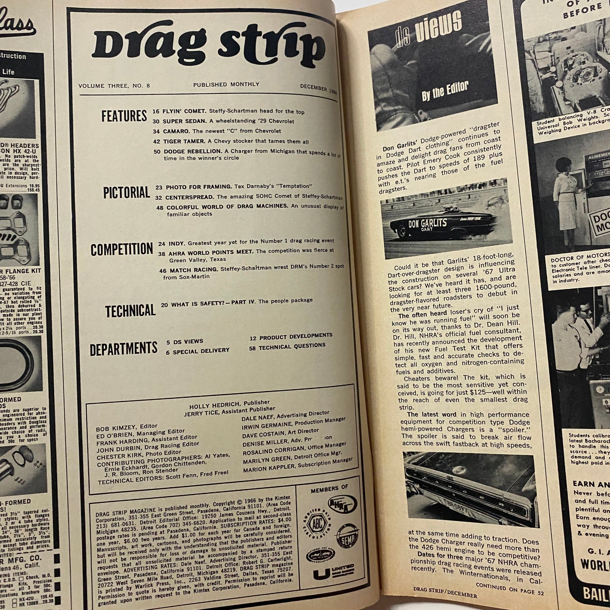 Interior page of the December 1966 Drag Strip Magazine, highlighting features, competitions, and technical articles related to the AHRA World Points Finale.