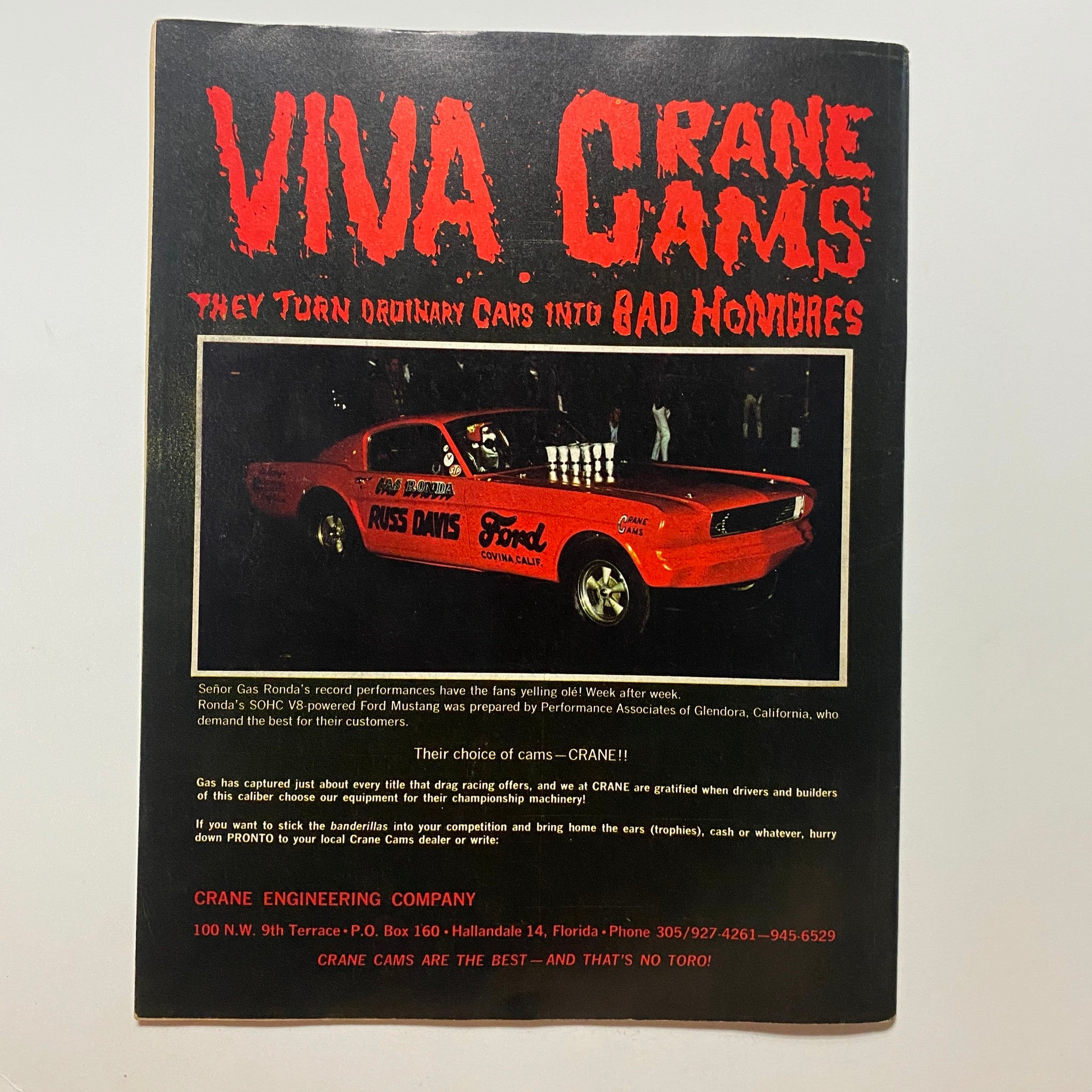 Back cover of the December 1966 Drag Strip Magazine advertising Crane Cams, featuring a classic Ford Mustang used in drag racing.