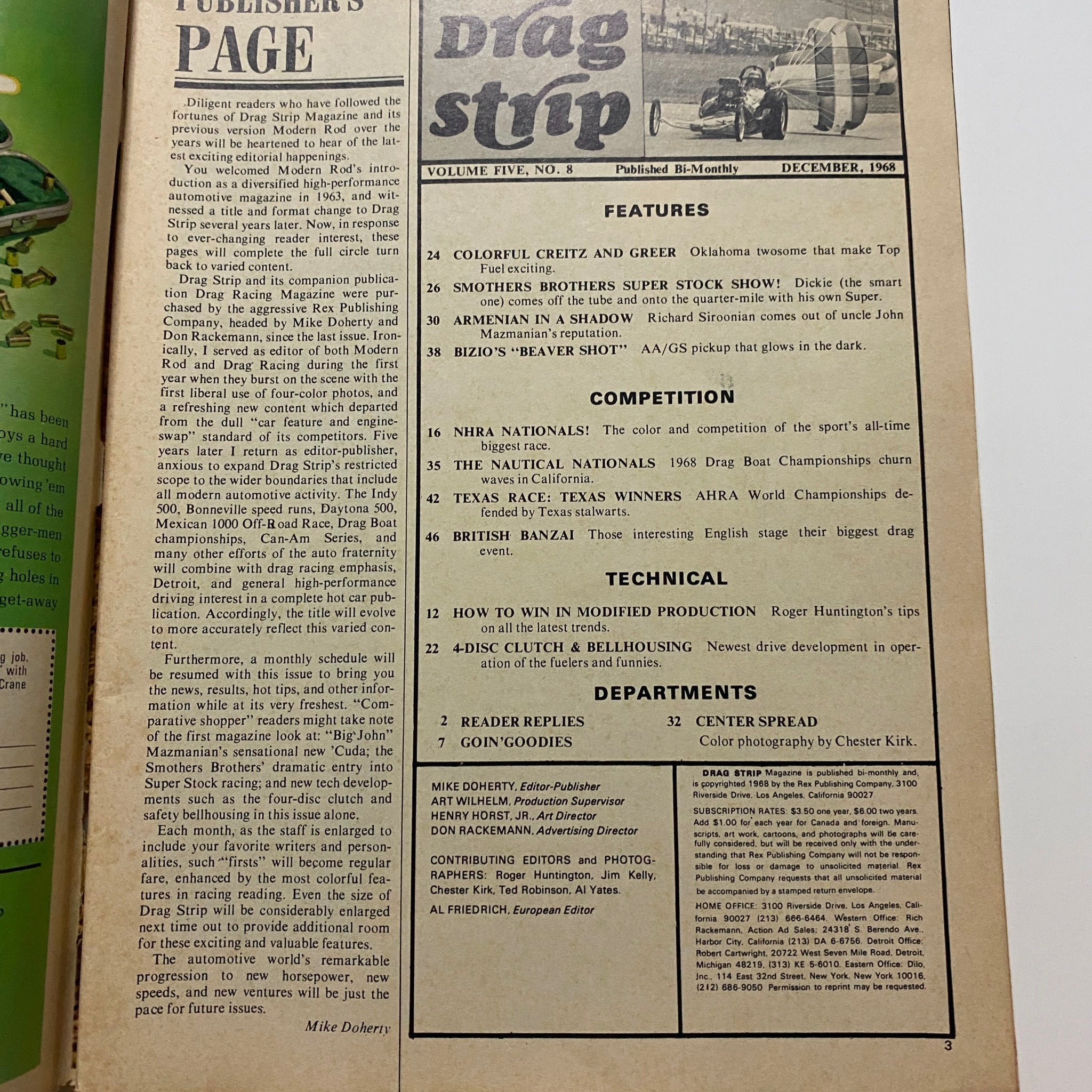 VTG Drag Strip Magazine December 1968 TV's Smother Brothers Drag Racing No Label