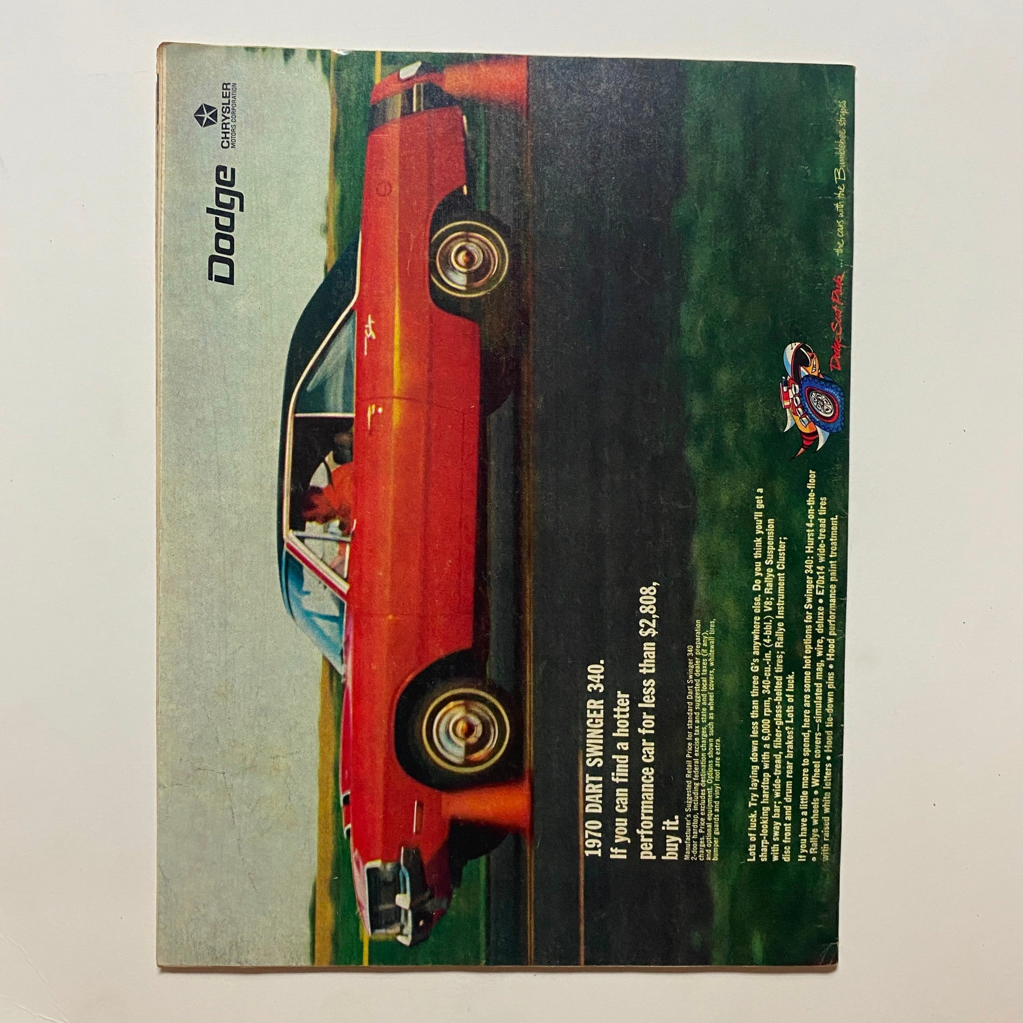 Back cover of VTG Motorcade Magazine June 1970 featuring an advertisement for the 1970 Dodge Dart Swinger 340.