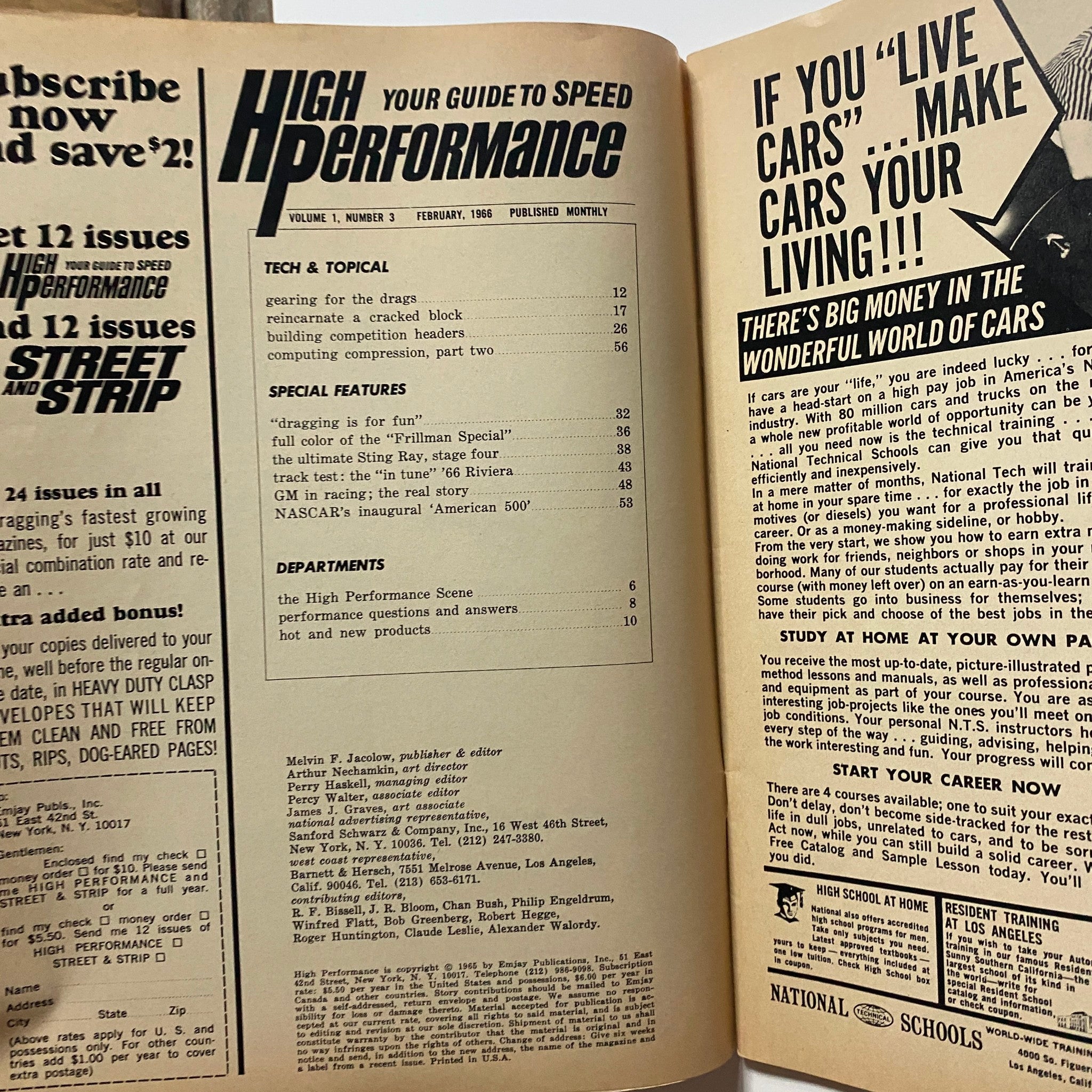 Interior page of VTG High Performance Magazine February 1966 showcasing the table of contents and automotive articles.