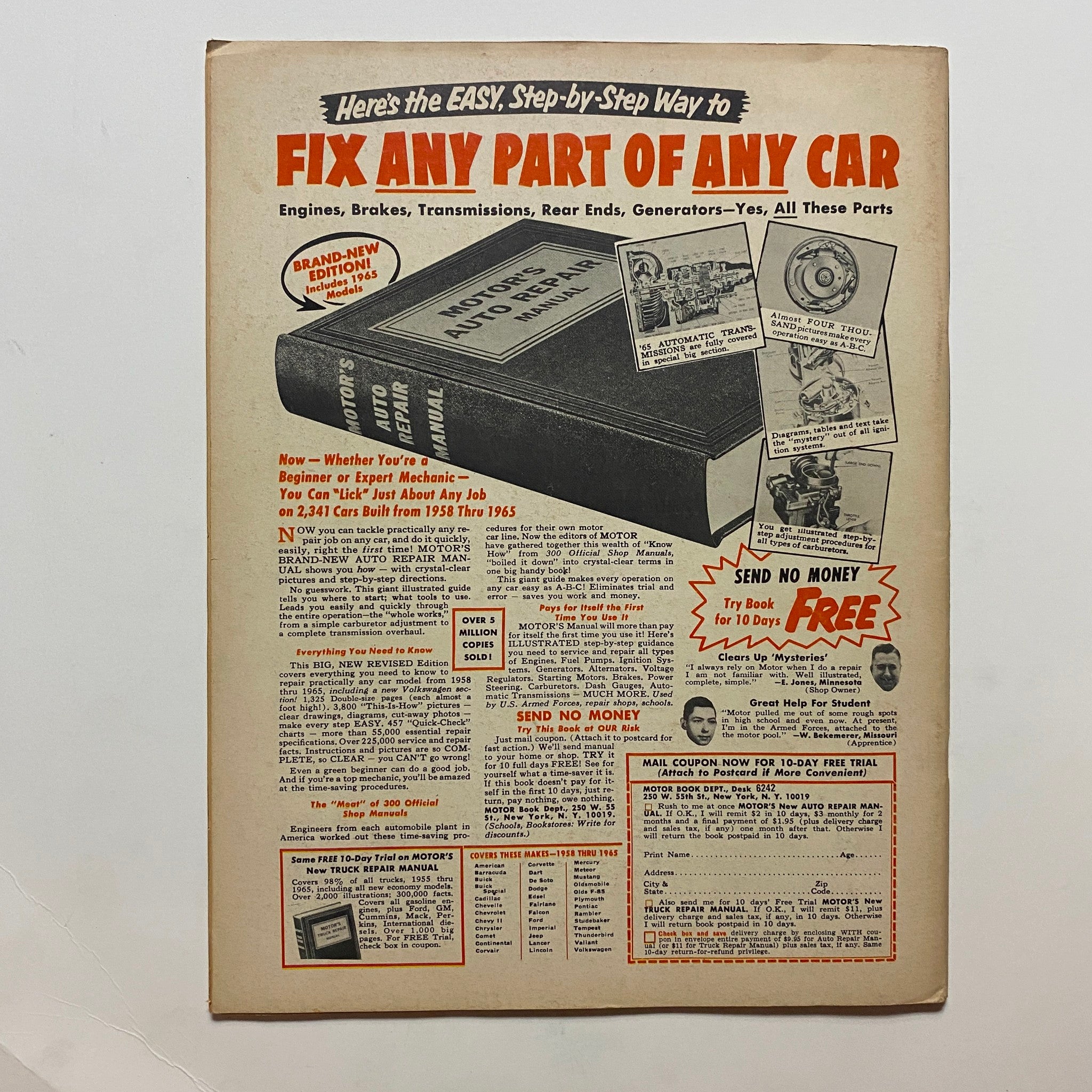 Back cover of VTG High Performance Magazine February 1966 advertising an auto repair manual.