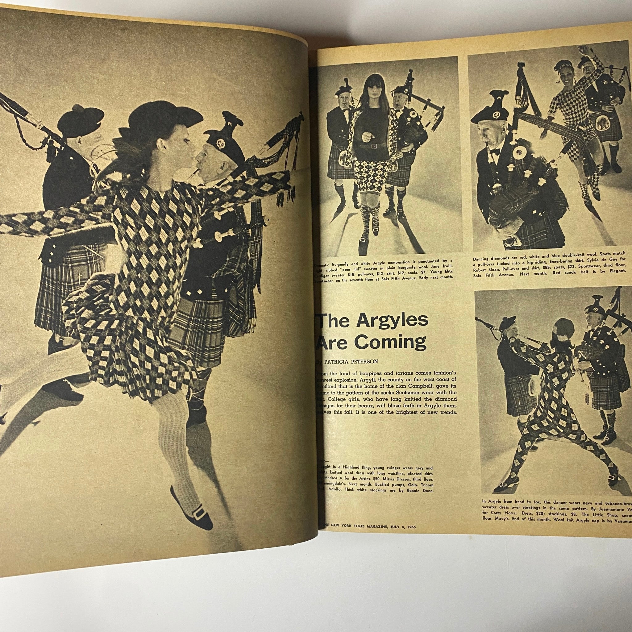 Fashion spread from The New York Times Magazine July 4, 1965, featuring models in unique outfits alongside bagpipers, illustrating the cultural trends of the mid-1960s.