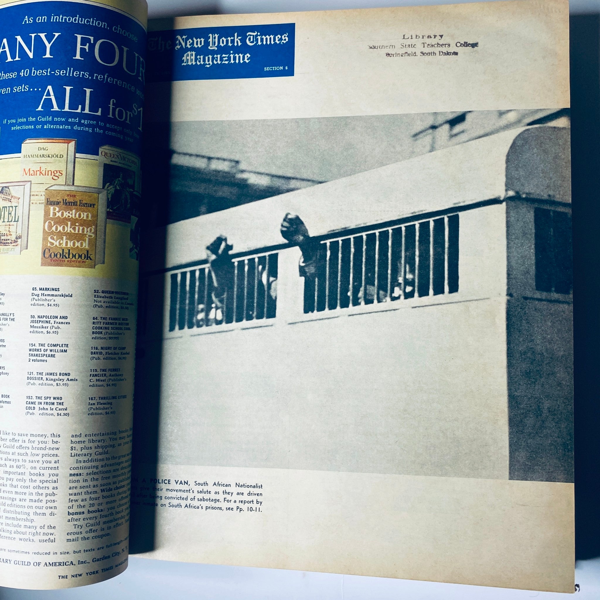 The New York Times Library Edition Bound Magazine 1965 July - September; featuring an image of people inside a police vehicle, reflecting historical context from South Africa.