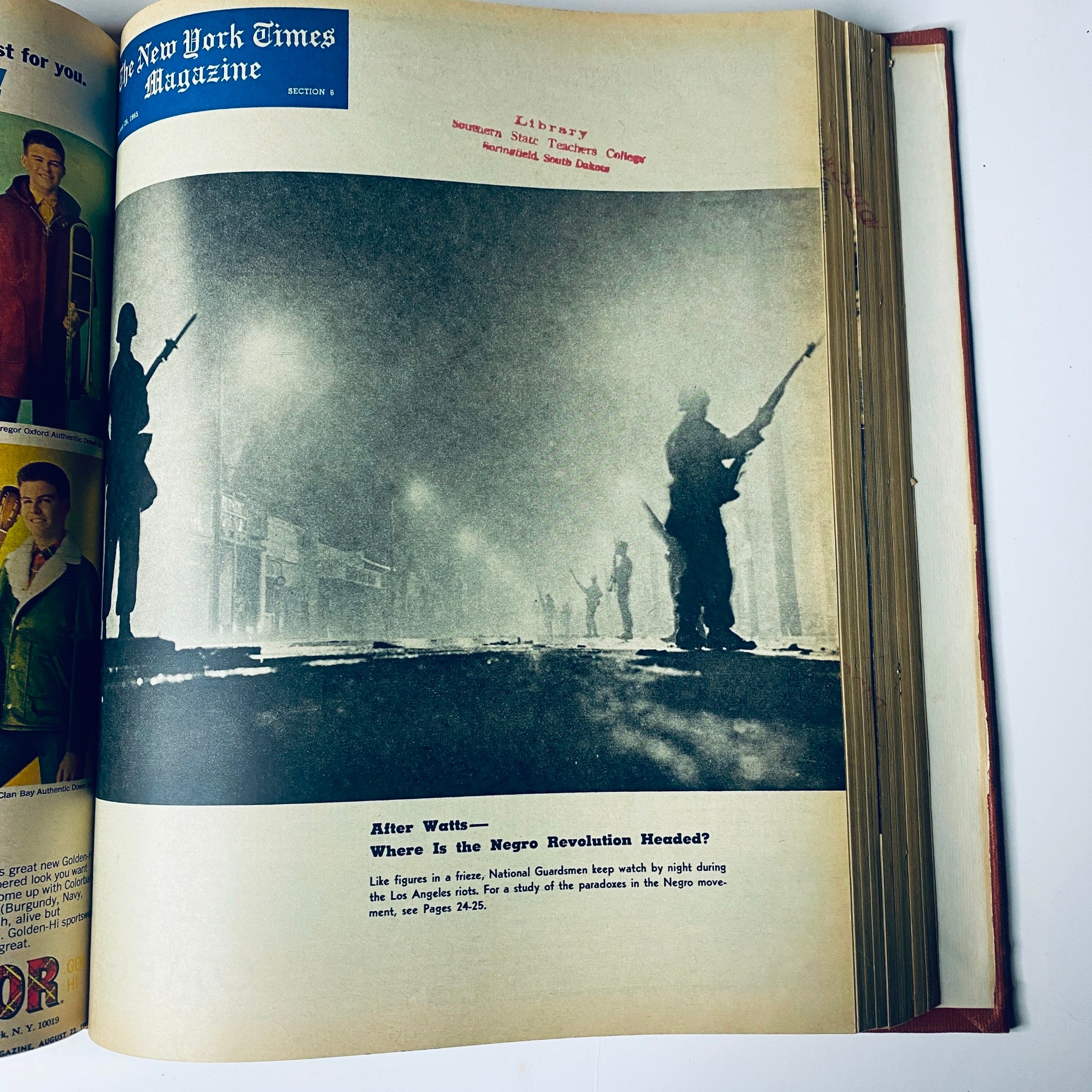 The New York Times Library Edition Bound Magazine 1965 July - September; displaying a haunting image of National Guardsmen on patrol, illustrating the civil unrest of the time.