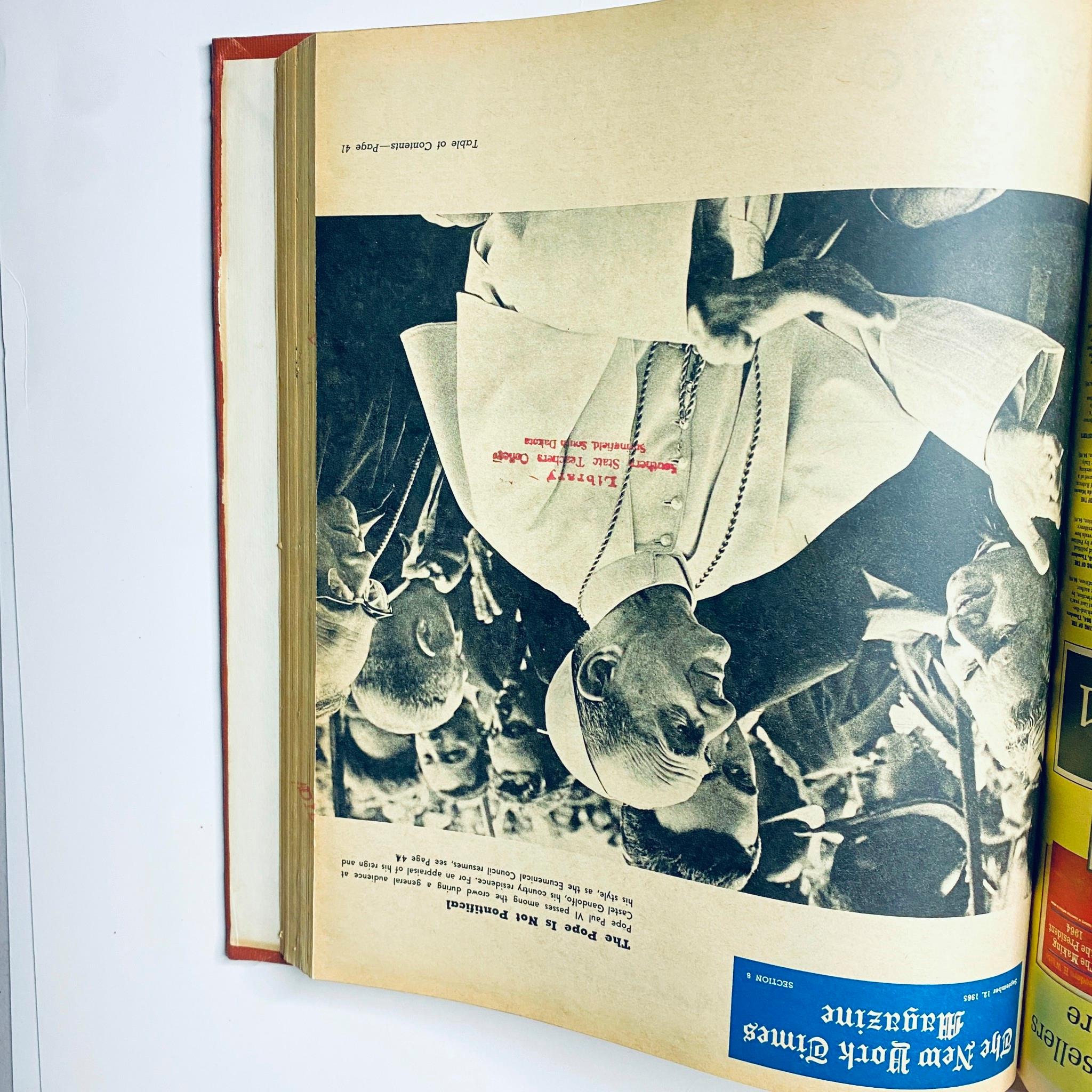 A page from The New York Times Library Edition Bound Magazine depicting Pope Paul VI, with a stamp indicating it is from a library, from September 1965.