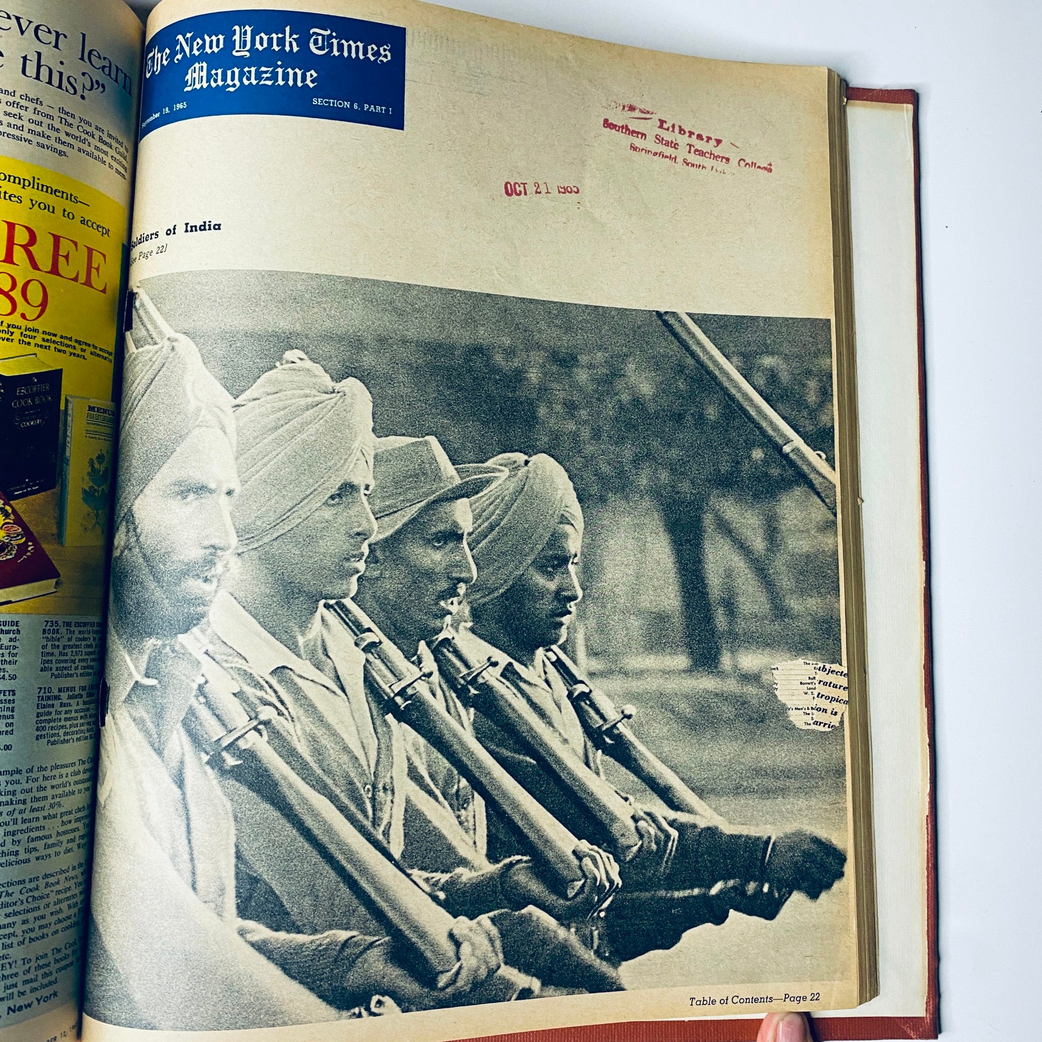 An interior page of The New York Times Library Edition Bound Magazine showing soldiers of India, dated October 1965.