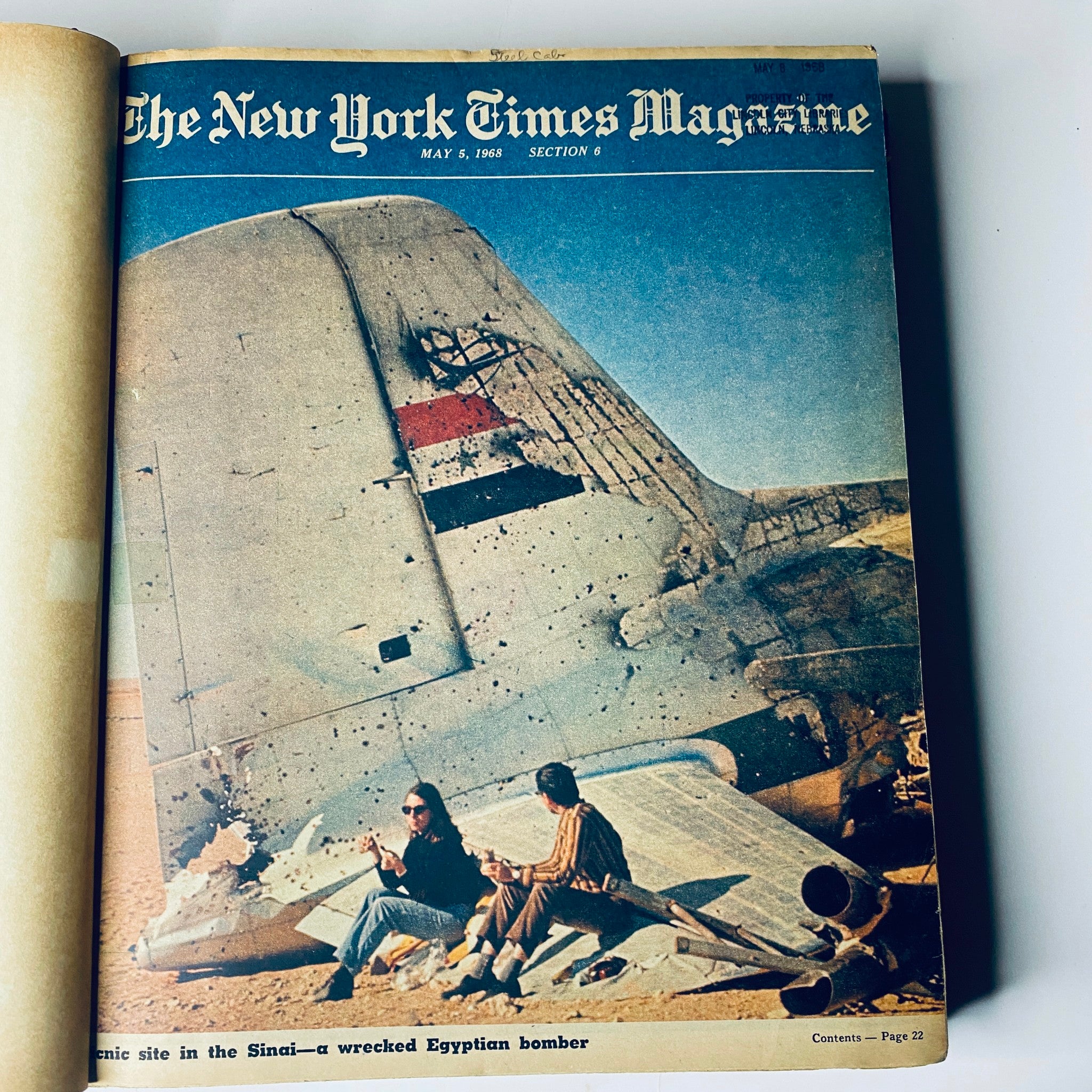 Cover of 'The New York Times Magazine, May 5, 1968', featuring a striking image of a wrecked Egyptian bomber.