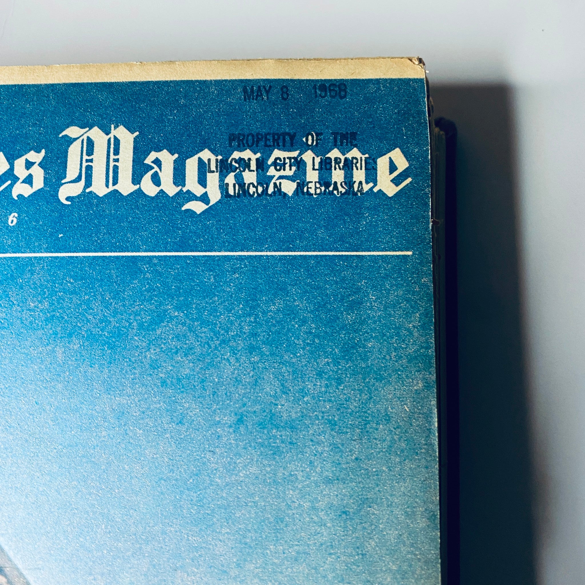 Spine of 'The New York Times Magazine, May 8, 1968', marked 'Property of the Lincoln City Libraries, Lincoln, Nebraska'.