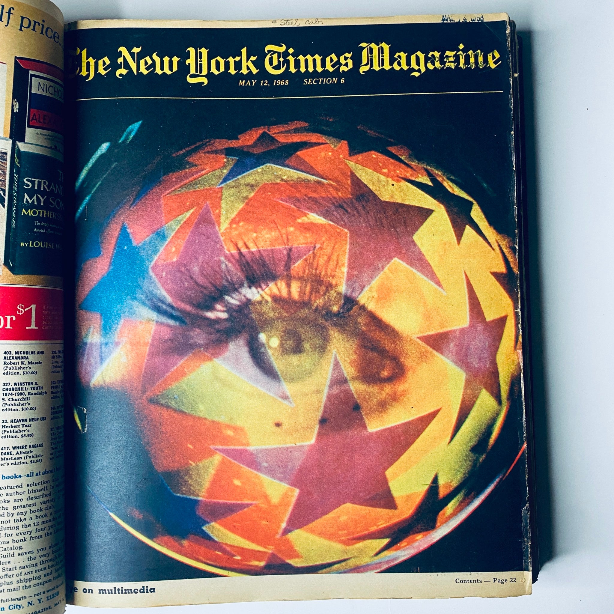 Cover of 'The New York Times Magazine, May 12, 1968', displaying a colorful graphic with an eye surrounded by stars.