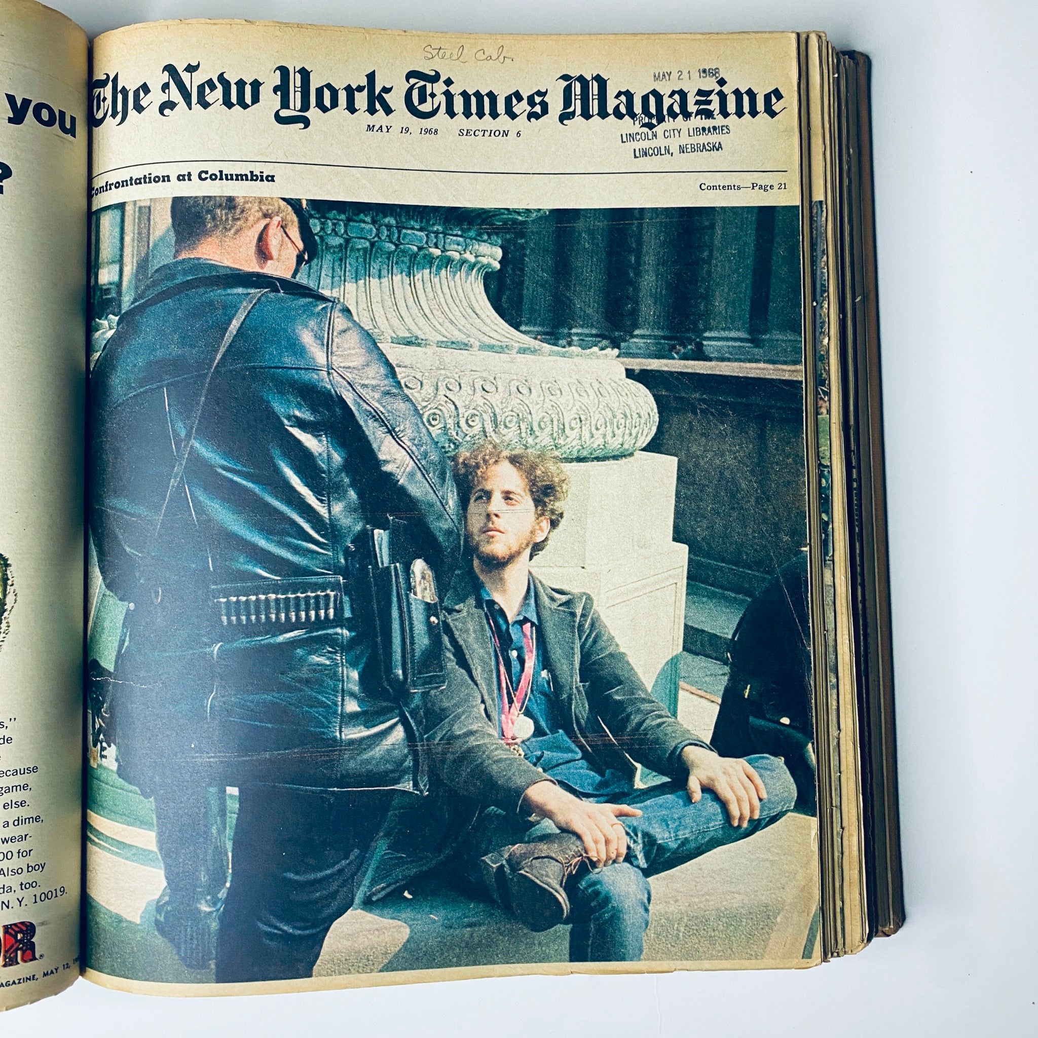 Cover of 'The New York Times Magazine, May 19, 1968', depicting a confrontation at Columbia with police and protesters.