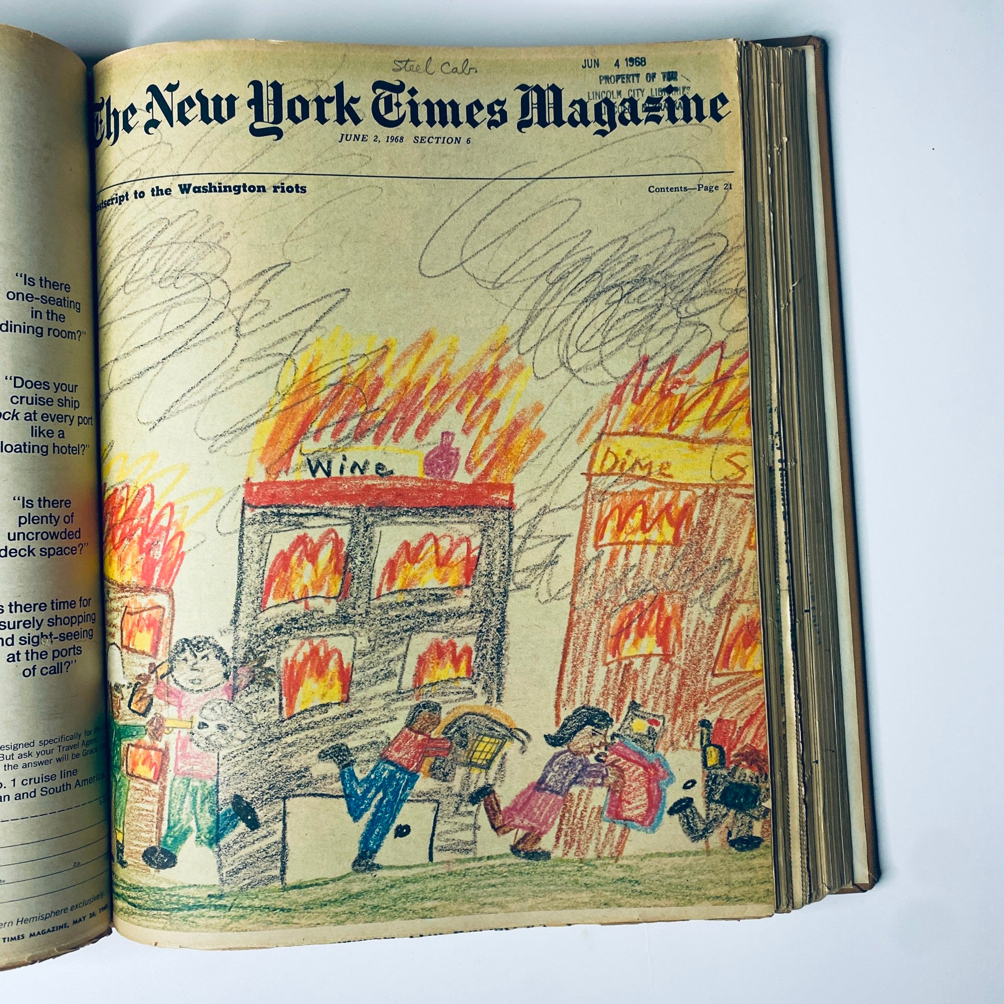 The New York Times Library Edition Bound Magazine 1968 May - June displaying a cover from June 2, 1968, featuring child's artwork depicting chaotic scenes from the Washington riots.