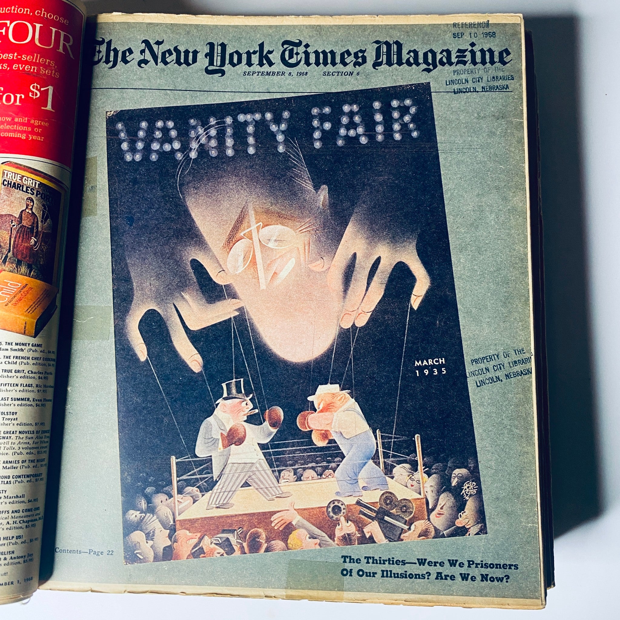 Cover page of The New York Times Magazine September 8, 1968 issue titled 'Vanity Fair' from The New York Times Library Edition Bound Magazine 1968 September - October.