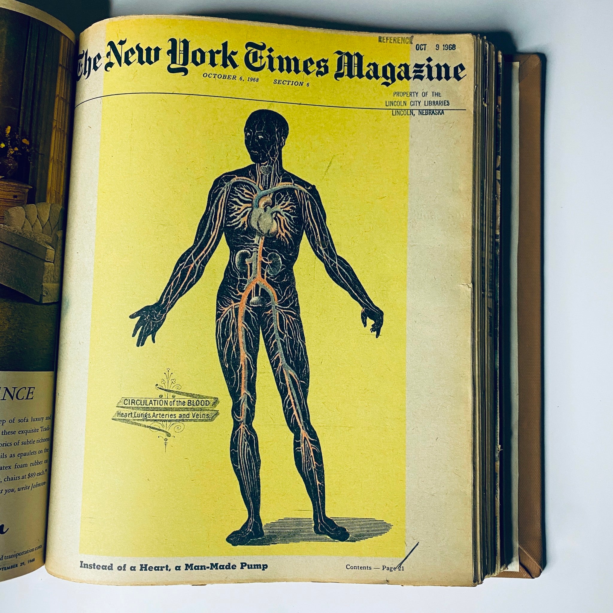 Cover of The New York Times Magazine dated October 6, 1968, illustrating a diagram of the human circulatory system, emphasizing medical and health themes in magazine articles from the era.