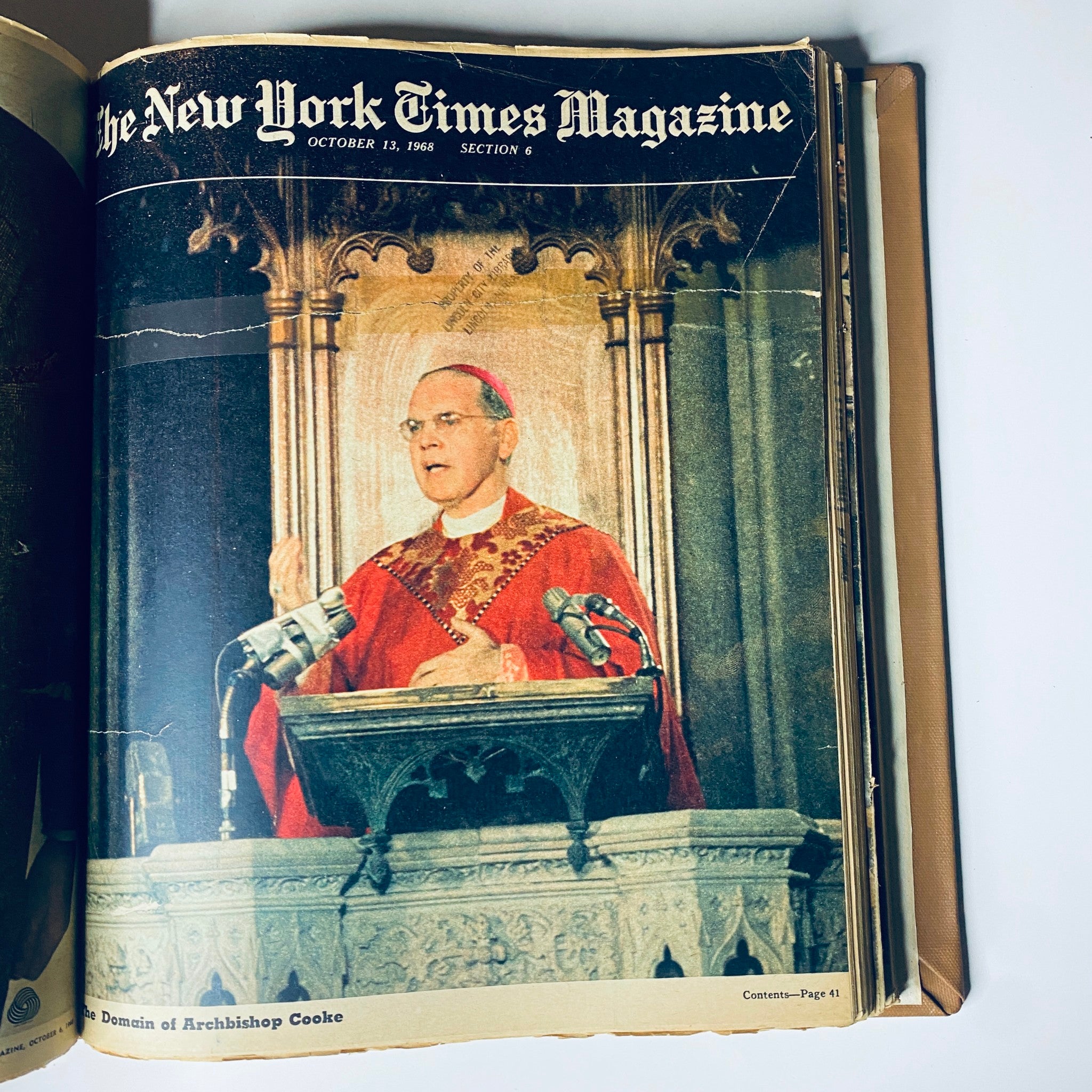 The New York Times Library Edition Bound Magazine 1968 September - October cover featuring a photo of Archbishop Cooke speaking, published on October 13, 1968.
