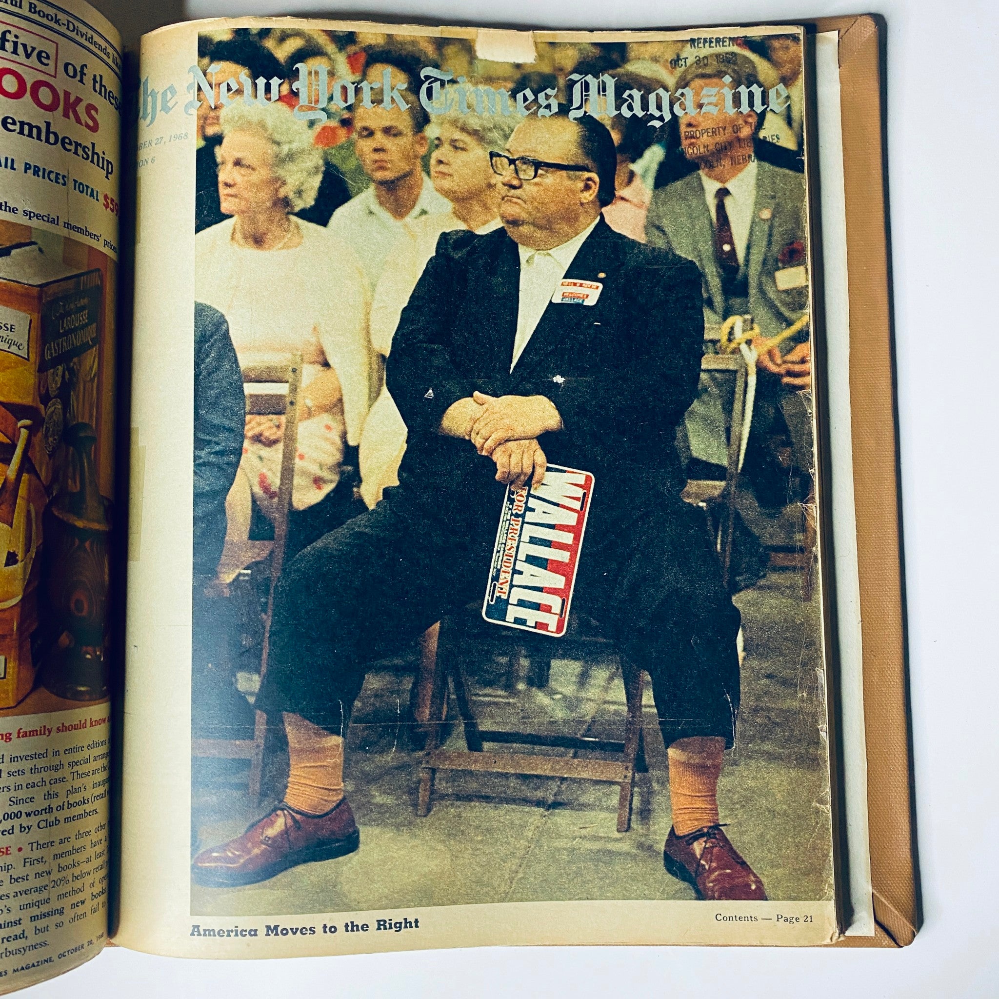 The New York Times Library Edition Bound Magazine 1968 September - October cover featuring a seated man holding a Wallace campaign sign at an event, published on October 27, 1968.