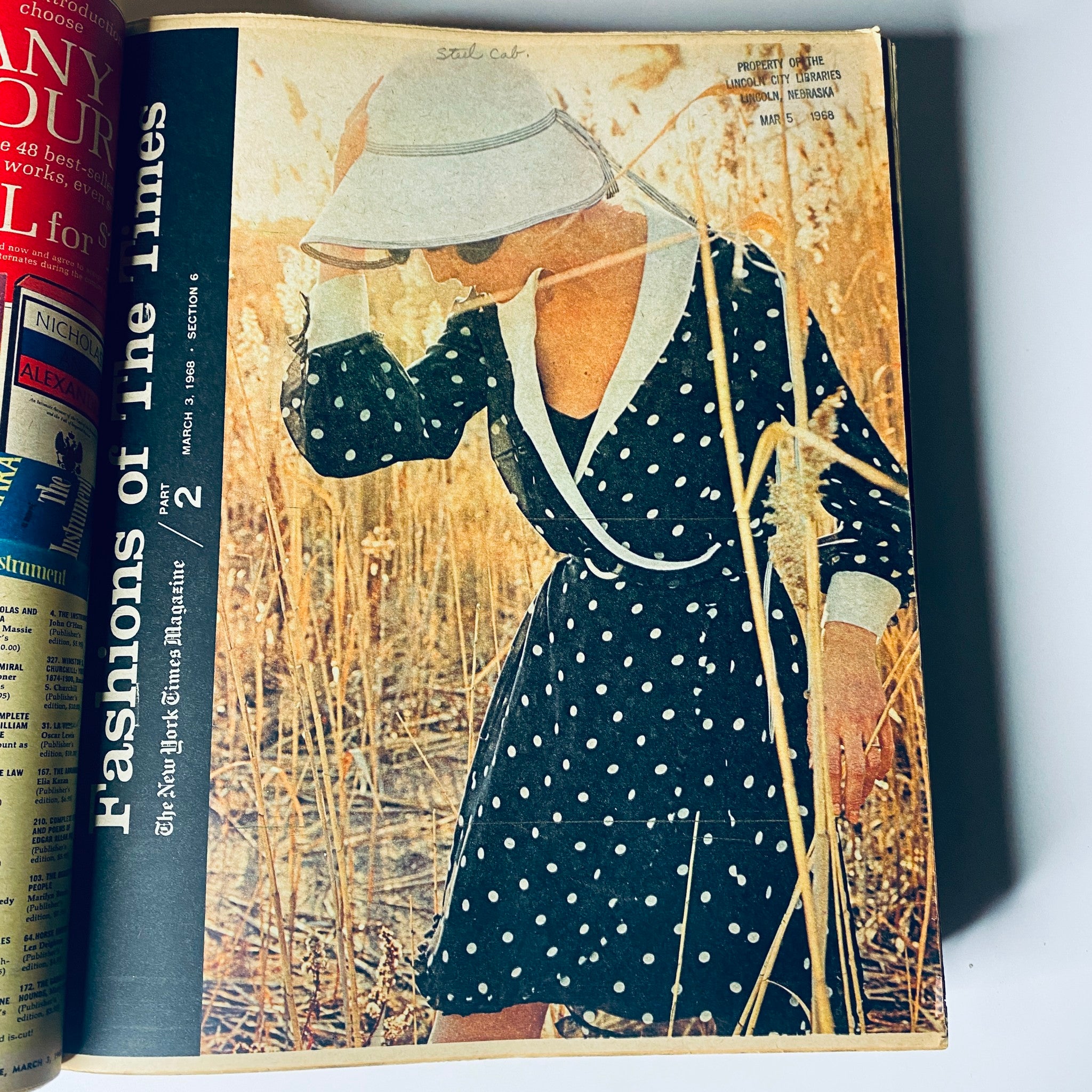 Cover of The New York Times Magazine March 3, 1968 featuring a model in a polka dot dress in a field, showcasing fashion trends of the era.