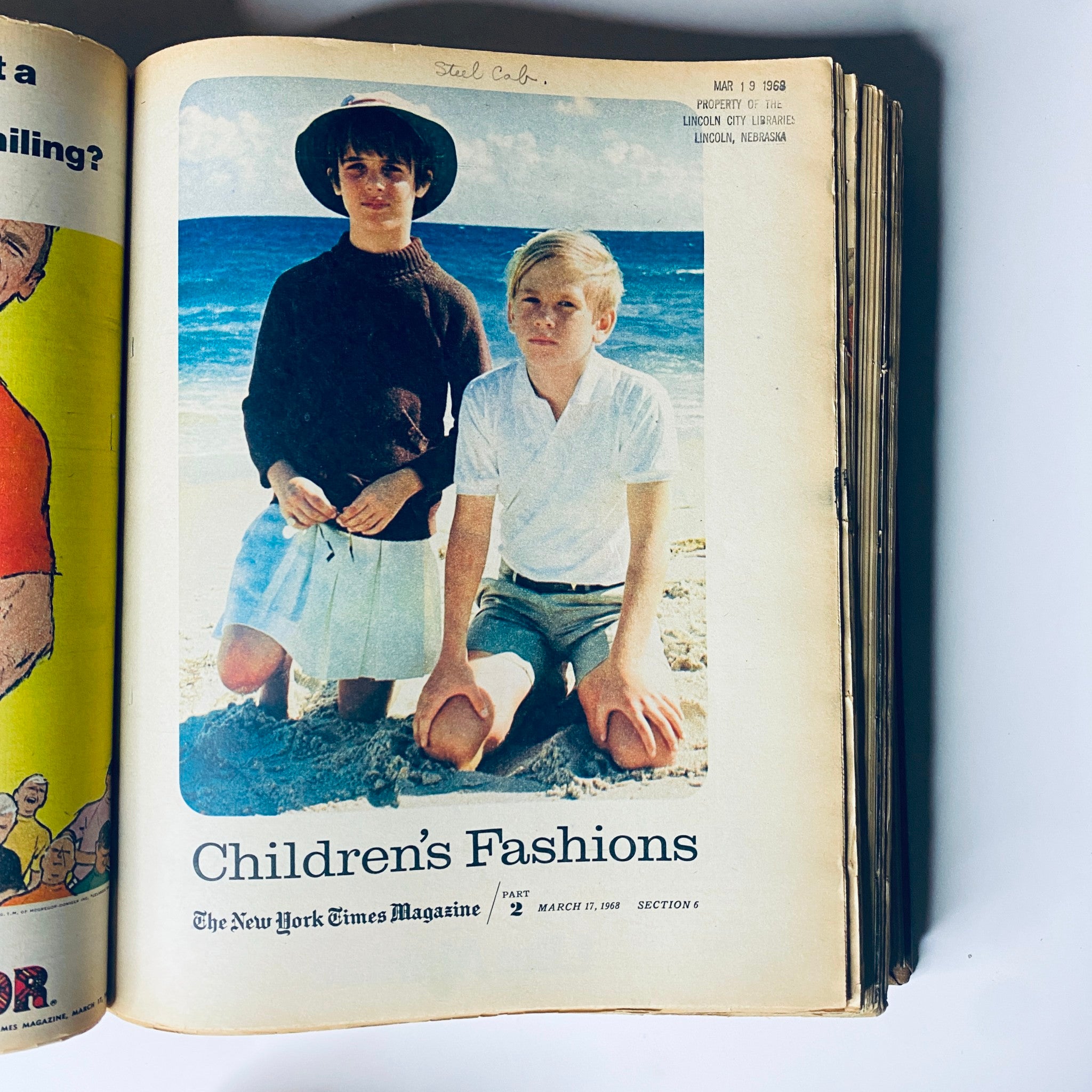 Interior page of The New York Times Magazine March 17, 1968 highlighting children's fashion with two children on a beach, showcasing styles of the late 1960s.