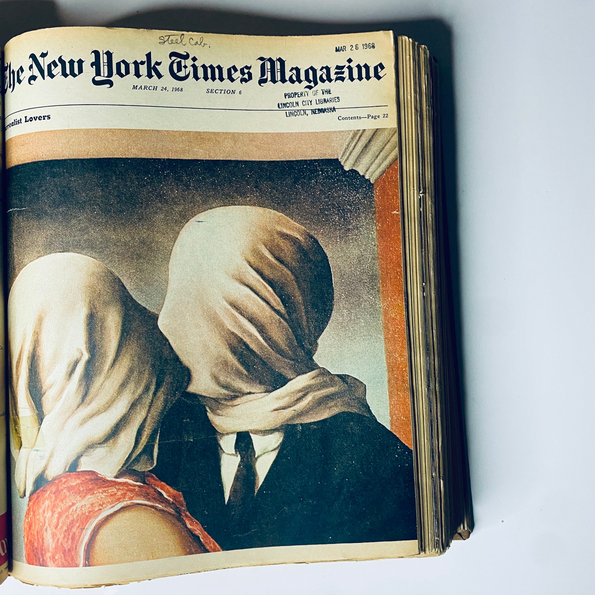 Cover of The New York Times Library Edition Bound Magazine, March 24, 1968, featuring an artistic illustration of lovers with covered faces, highlighting 1960s cultural narratives.