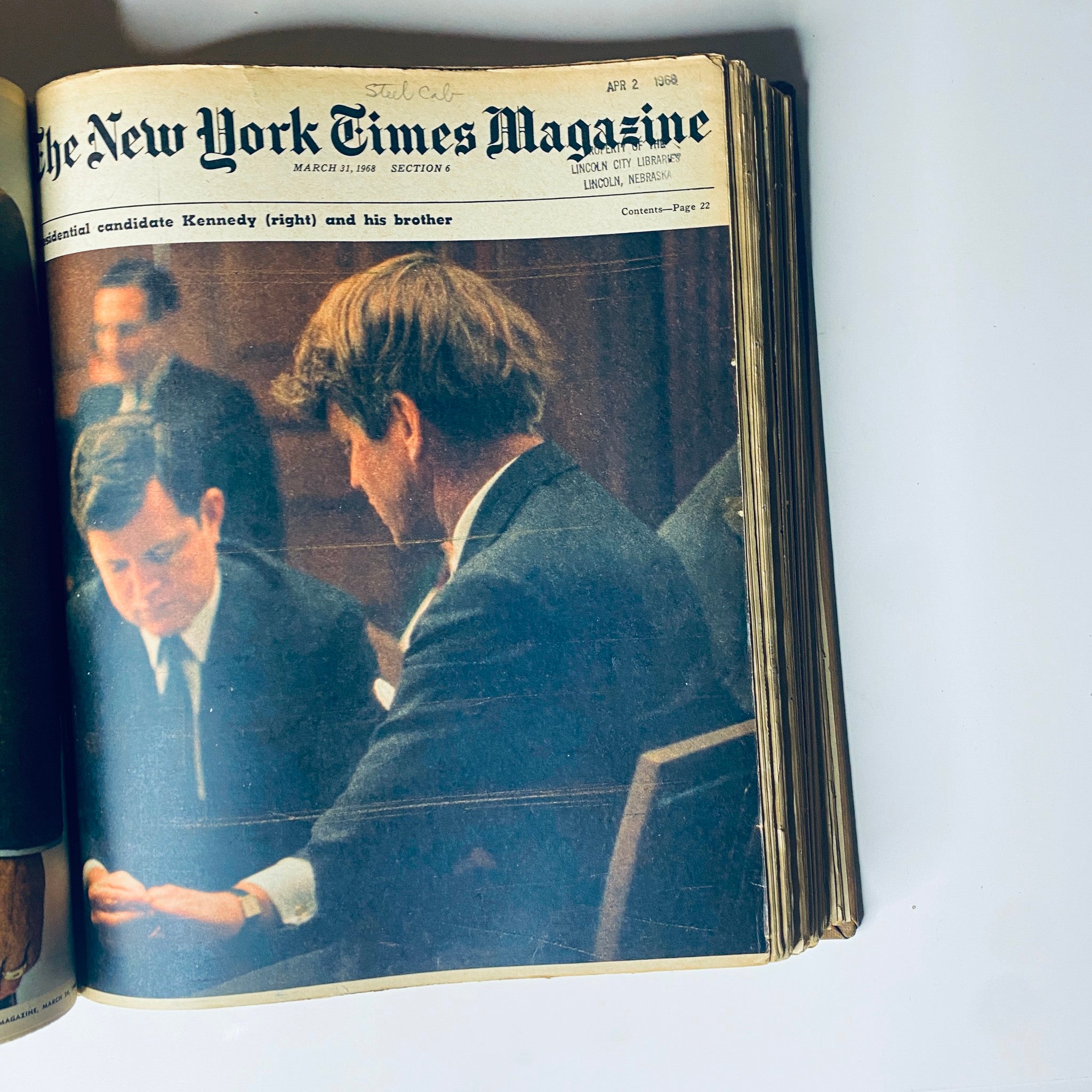 Cover of The New York Times Library Edition Bound Magazine, March 31, 1968, presenting a photograph of presidential candidate Robert Kennedy with his brother, reflecting political moments in 1968.