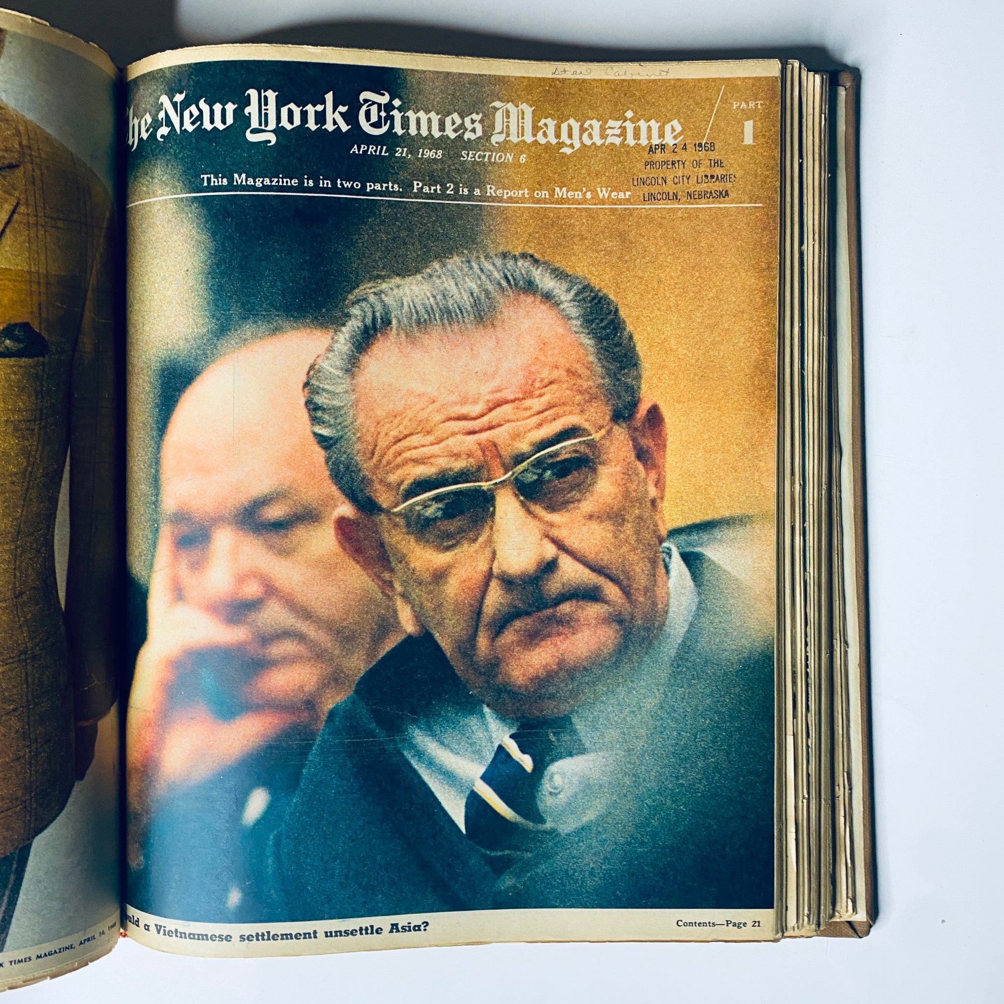 Cover of The New York Times Library Edition Bound Magazine, April 21, 1968, displaying a close-up of Lyndon B. Johnson with deep expressions, capturing the political climate and tensions of the time.