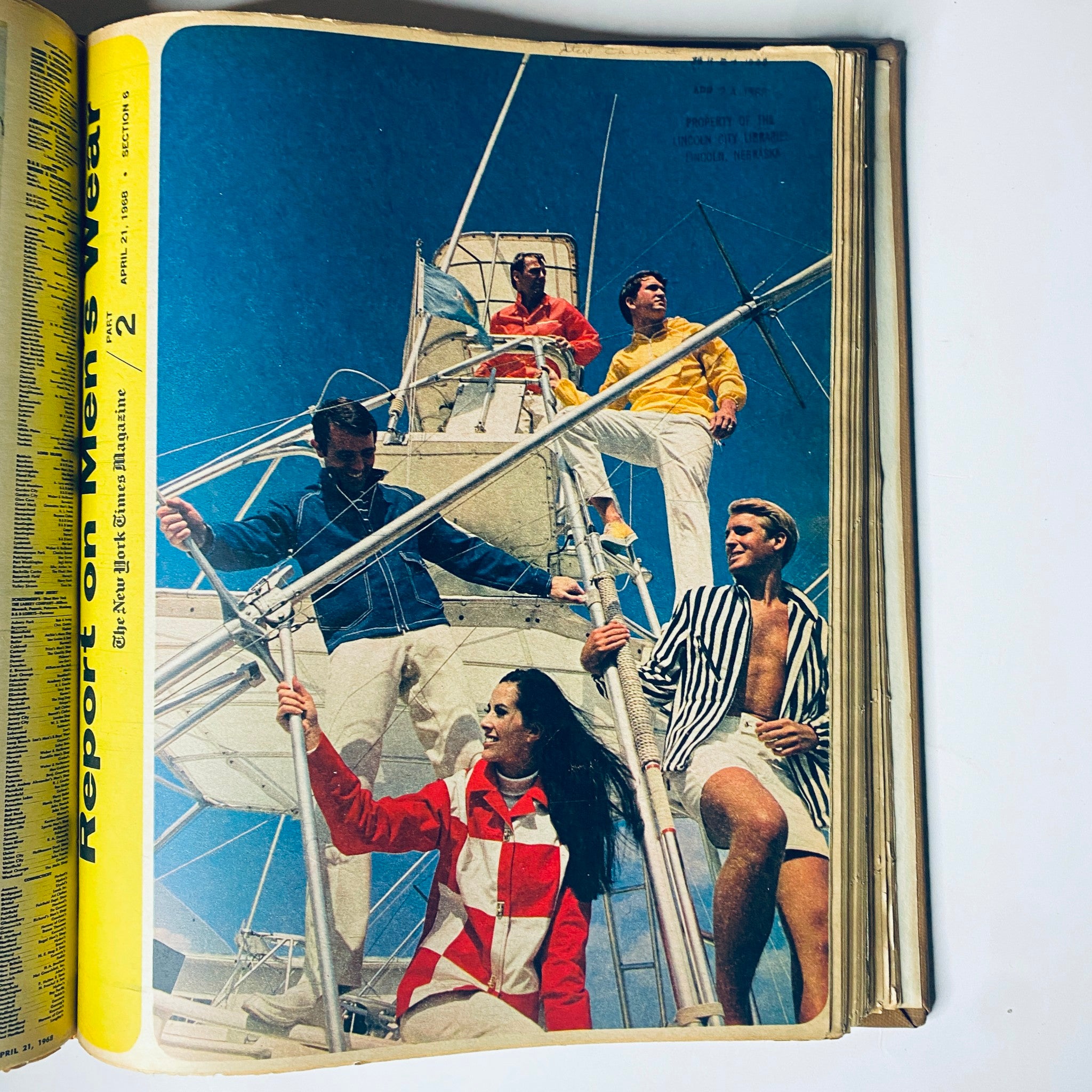 The New York Times Library Edition Bound Magazine 1968 March - April featuring a colorful photo of models in stylish beachwear on a boat, showcasing a report on men's wear from the April 7, 1968 issue.