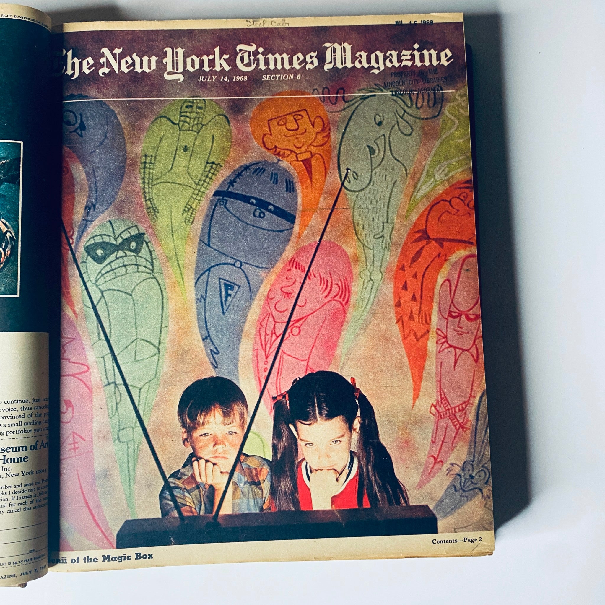 Cover of The New York Times Magazine from July 14, 1968, featuring children engrossed in a television, accompanied by colorful artistic drawings, highlighting the influence of media.