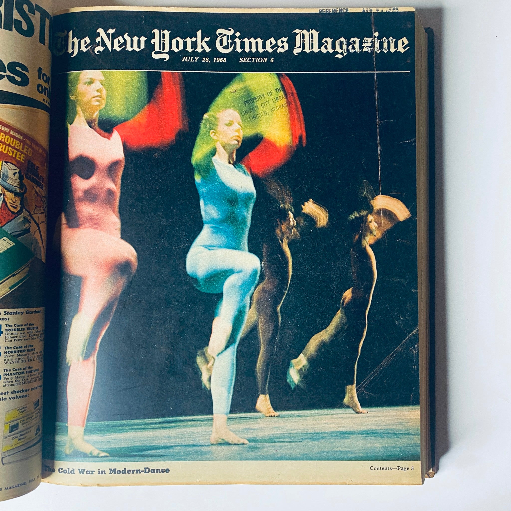 Cover of The New York Times Magazine from July 28, 1968, illustrating modern dance performers in colorful bodysuits, representing the cultural dynamics of the time.