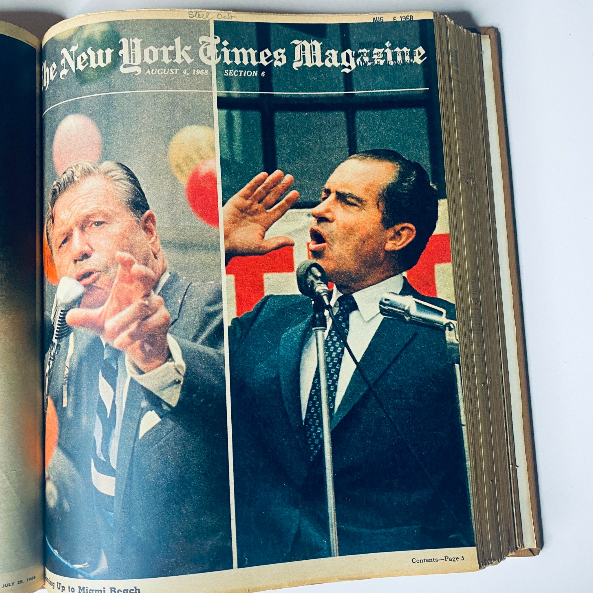 Cover of The New York Times Magazine from August 4, 1968, featuring a dual image of political figures speaking at a rally, capturing the charged political atmosphere during the 1968 election season.
