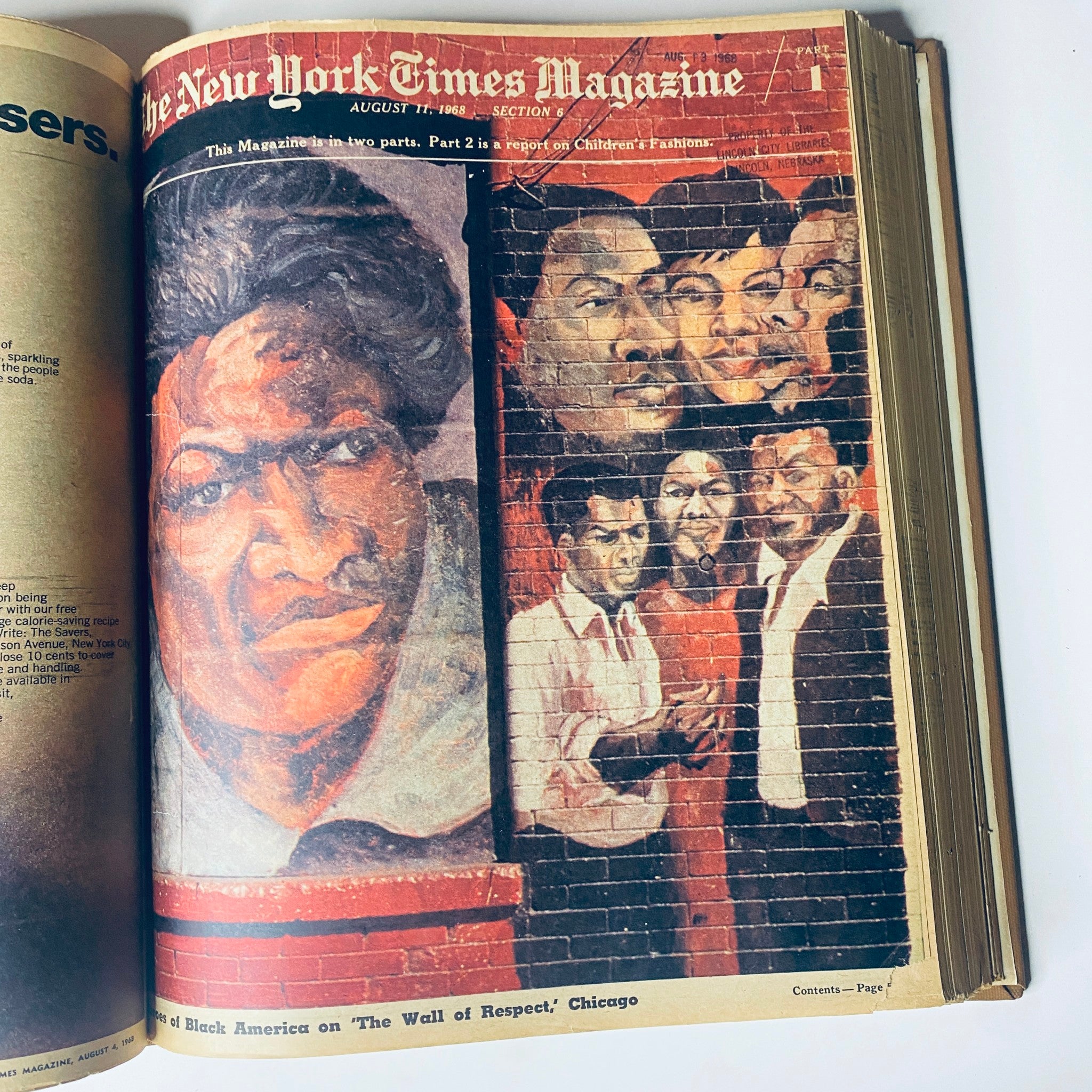 Cover of The New York Times Magazine from August 11, 1968, showcasing artwork related to Black America on 'The Wall of Respect' in Chicago, highlighting cultural commentary during a transformative era.