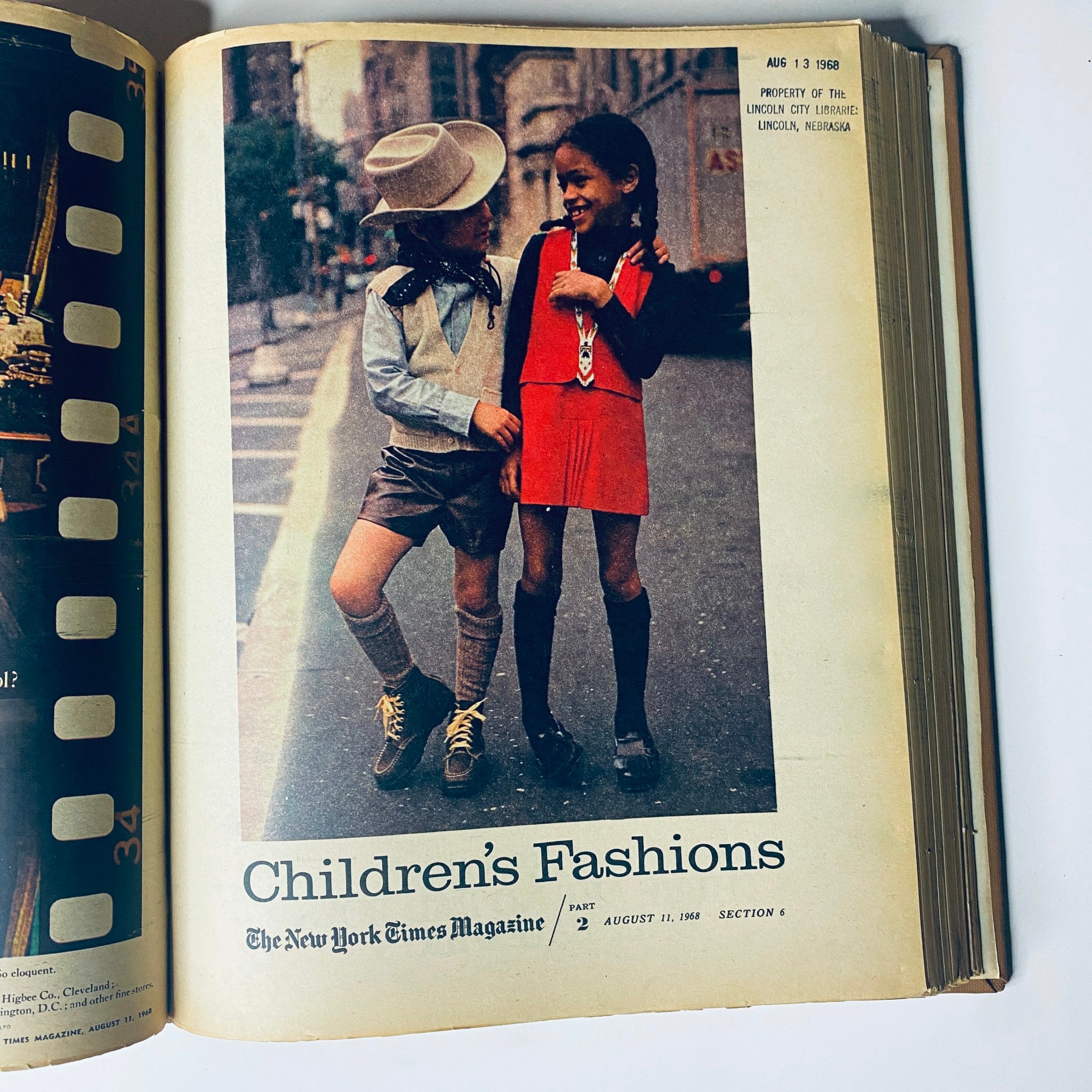 Children's fashion feature from The New York Times Magazine, August 11, 1968, depicting two children in stylish outfits, capturing trends and styles from that period.