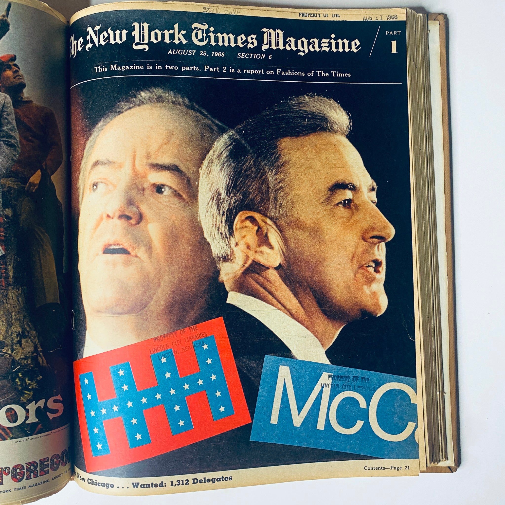 Cover of The New York Times Magazine from August 25, 1968, displaying political figures with prominent campaign visuals, underscoring the political climate and notable events of that summer.