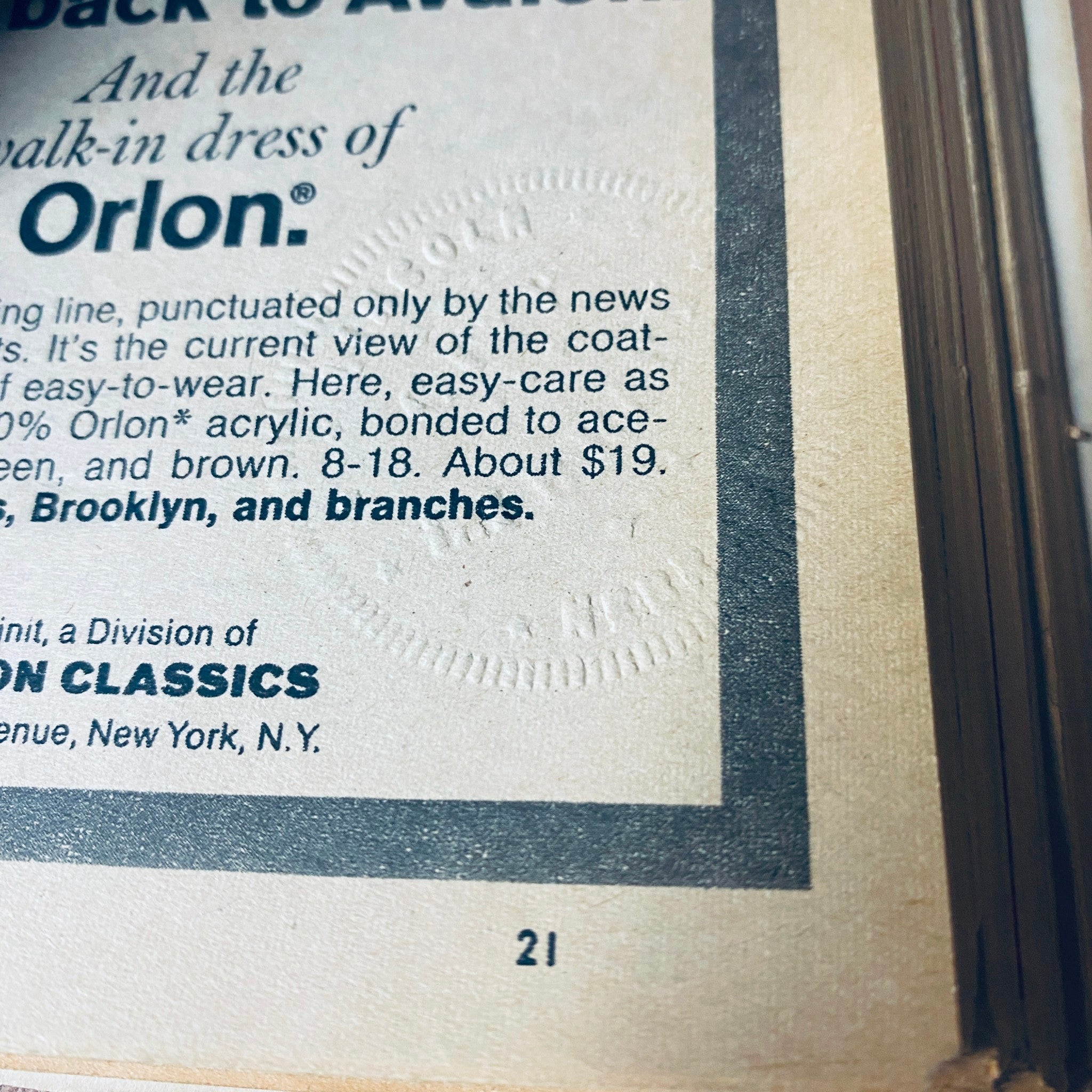 Detail from The New York Times Library Edition Bound Magazine 1968 July - August, showcasing a vintage advertisement featuring a stylish dress made of Orlon acrylic.