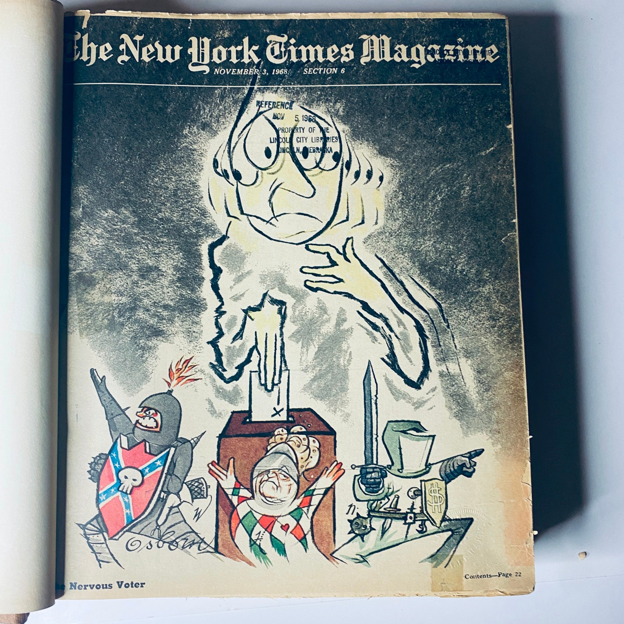 Front cover of The New York Times Magazine from November 1968, depicting a cartoon titled 'Nervous Voter' with colorful illustrations.