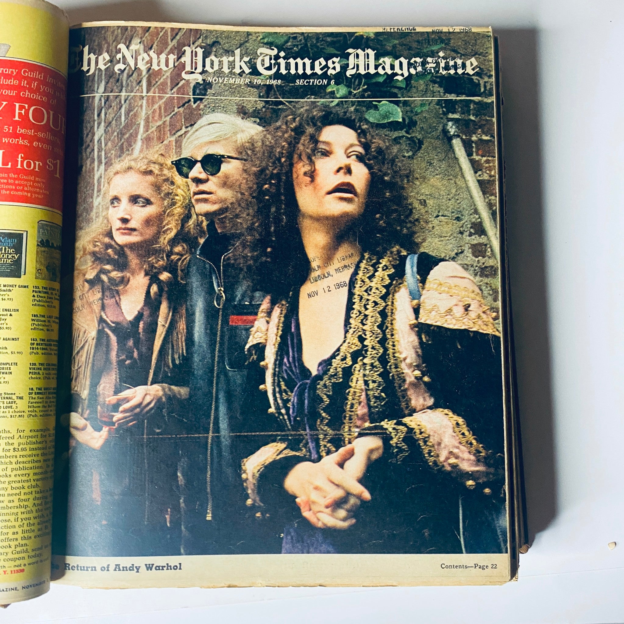 Cover of The New York Times Magazine from November 10, 1968, featuring Andy Warhol and two individuals, showcasing a bold design typical of the era.