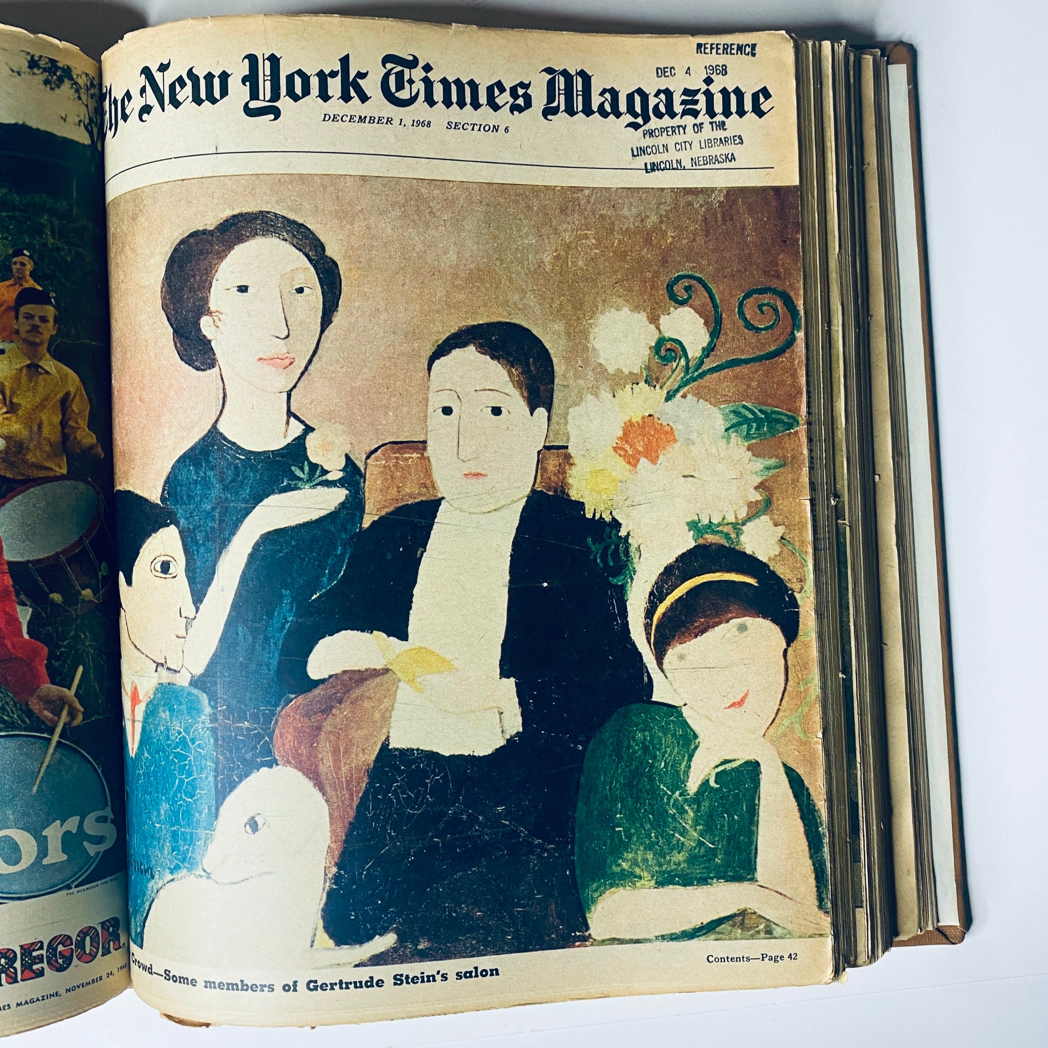 The New York Times Library Bound Magazine 1968 November - December cover featuring members of Gertrude Stein's salon, painted by a renowned artist, showcasing art and culture.