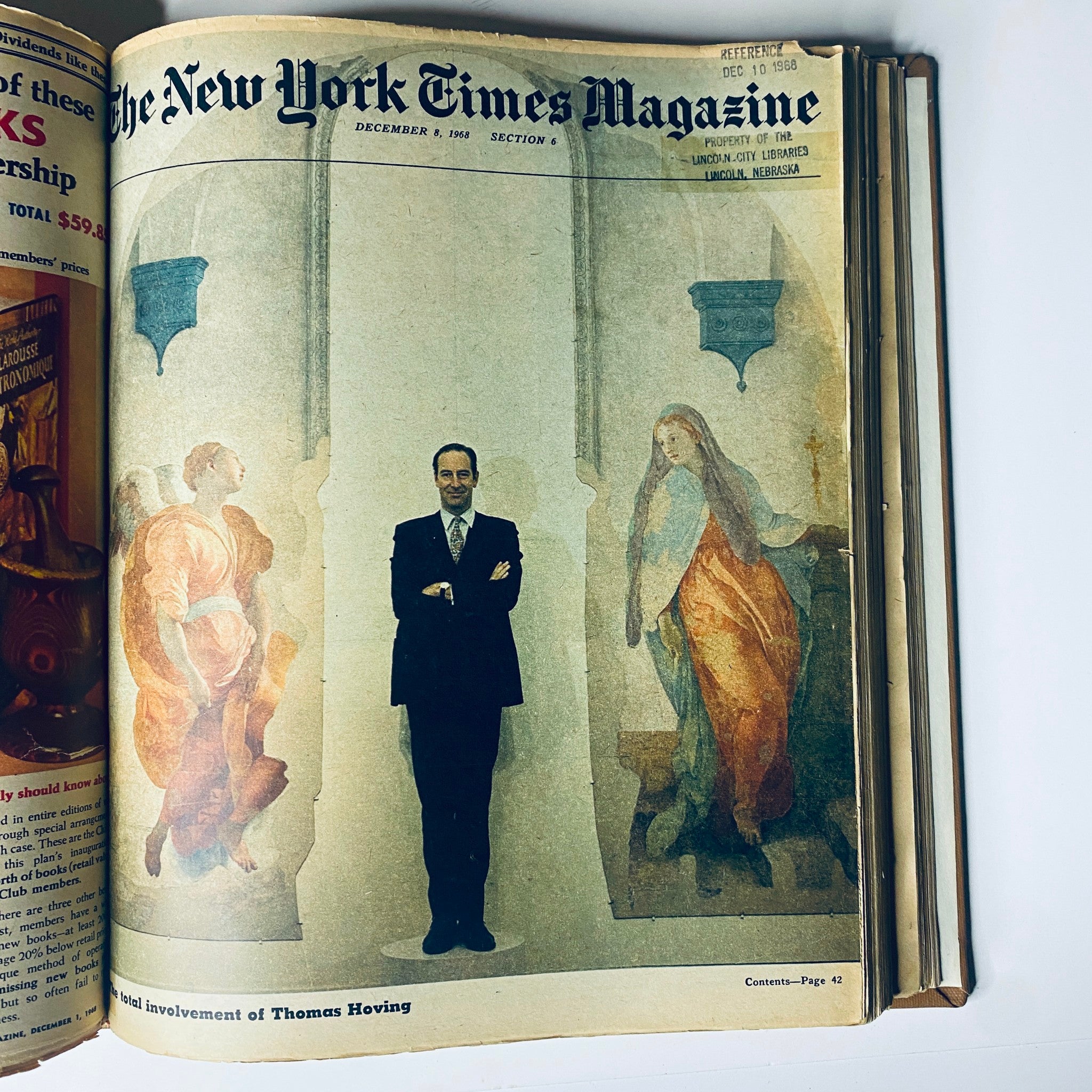 The New York Times Library Bound Magazine 1968 November - December cover with Thomas Hoving standing among classical artworks, illustrating the magazine's exploration of art and culture.